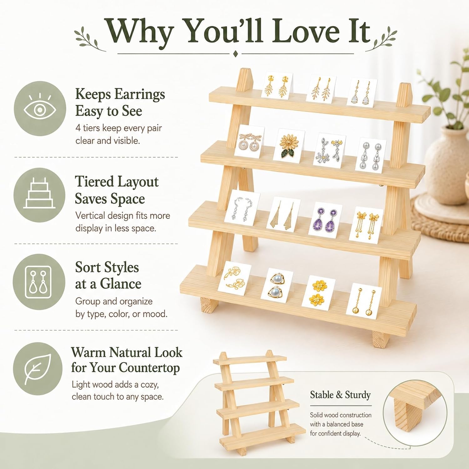 Acrux7 2 Pack 4 Tier Earring Display Stands Jewelry Display for Vendors | tiered wooden display shelf riser, solid pine wood, 2 mm card grooves, tool-free setup for jewelry cards, cupcakes, retail