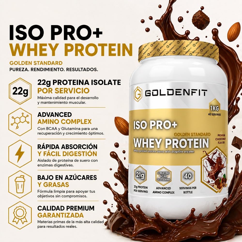 GoldenFit ISO PRO+ Proteína Whey Isolate Choconut 1kg — Aislada de Suero 84%, 21g de proteína por dosis (40 dosis) con BCAA, glutamina, creatina y enzimas digestivas