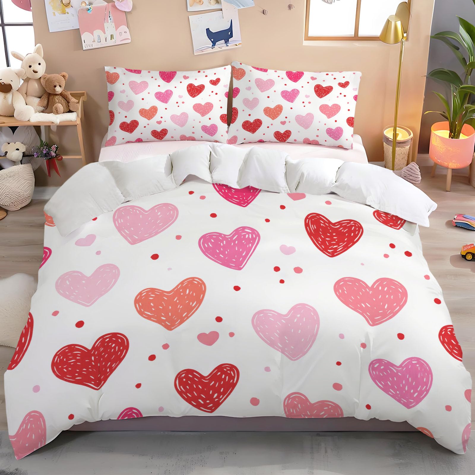 Parure de lit 2 personnes 200x200 blanche à motifs cœurs avec 2 taies d'oreiller