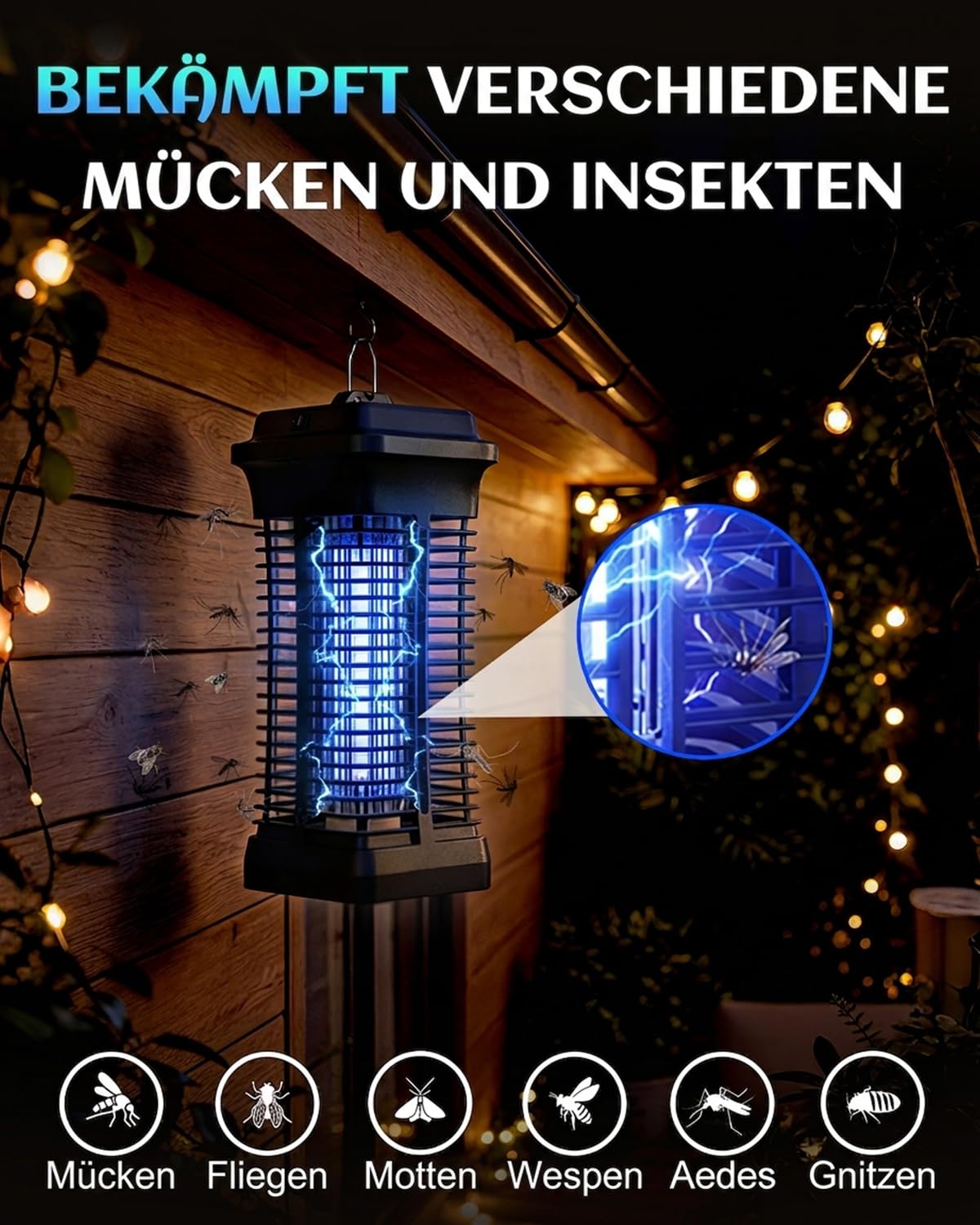 Insektenvernichter Elektrisch 4200V für Innen & Außen, UV Mückenlampe, Mückenfalle & Fliegenfänger Elektrisch, Wasserdichter Mückenkiller zum Aufhängen, Insektenfalle für Garten, Terrasse