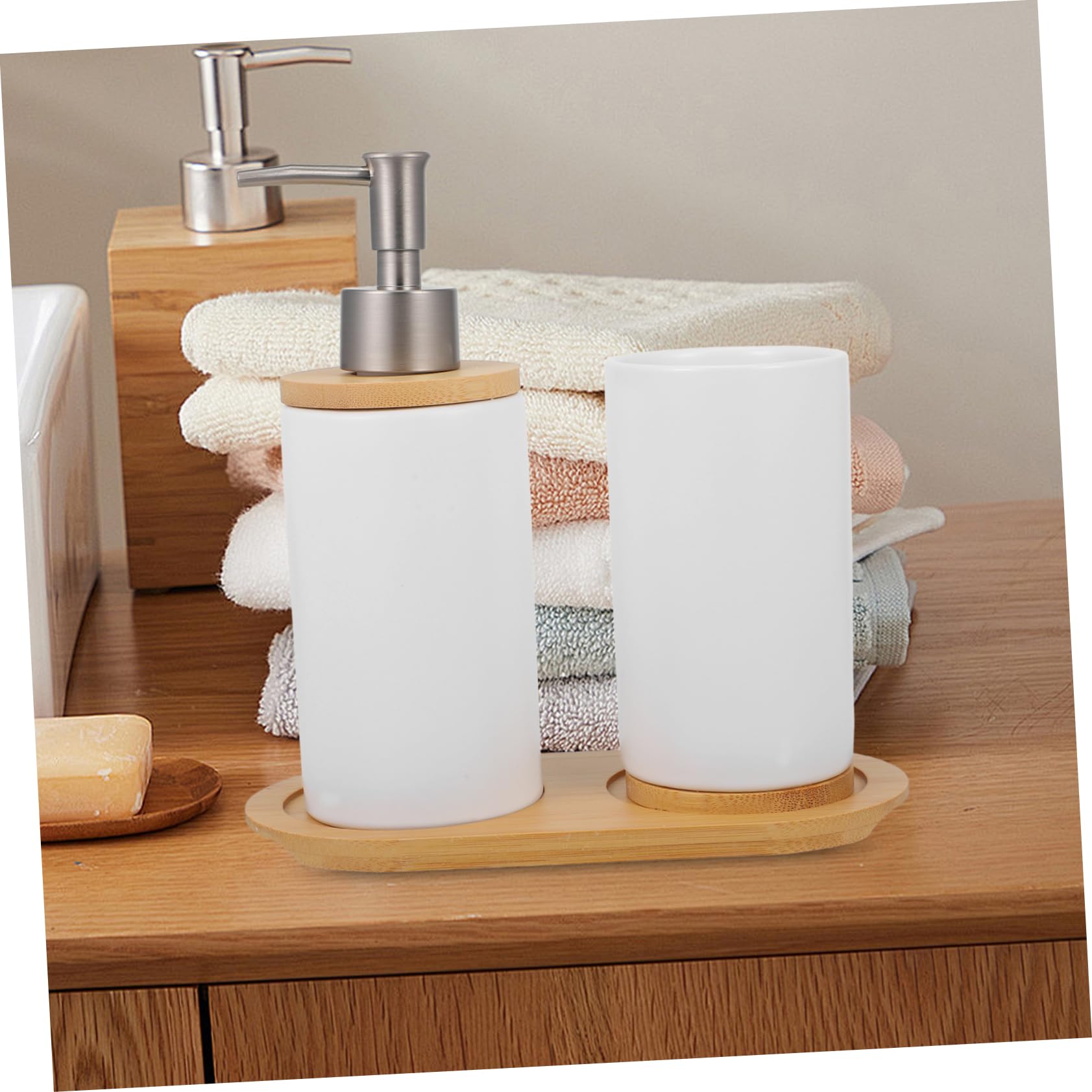 ABOOFAN Juego Accesorios Baño Cerámico Blanco 350ml Vaso Cepillo Dientes 430ml Dispensador Loción Almacenamiento Baño Hogar Base para Uso Diario Intenso