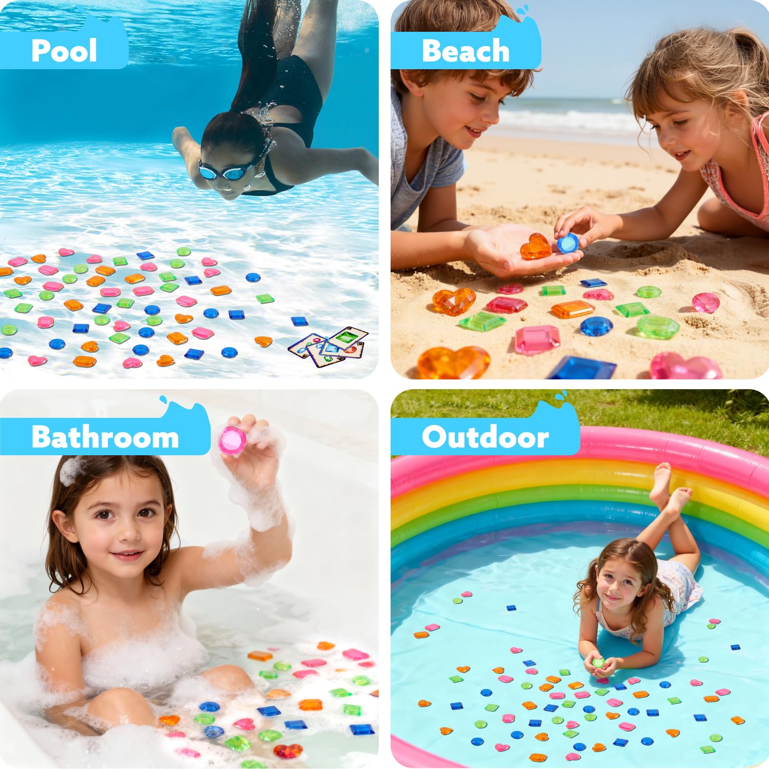 JOYIN Giocattolo subacqueo 4 in 1 per Piscina, Gioco subacqueo con Pietre preziose, Impermeabile, Giocattolo da Piscina per Bambini con Sacchetto a Rete