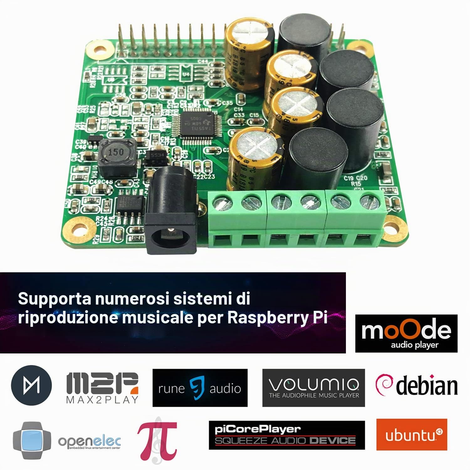InnoMaker RPI HiFi AMP HAT TAS5713 Amplificatore Modulo Audio 25W Classe D Scheda Audio di Potenza Scheda di Espansione per Raspberry Pi 5 4 3 B+ Pi Zero Condensatore Nichicon