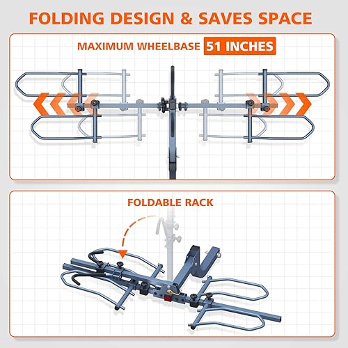 Miniatura 8 de Soporte de enganche para bicicleta, soporte para bicicletas inclinable inteligente sin tambaleo, soporte plegable para 2 bicicletas para estándar,