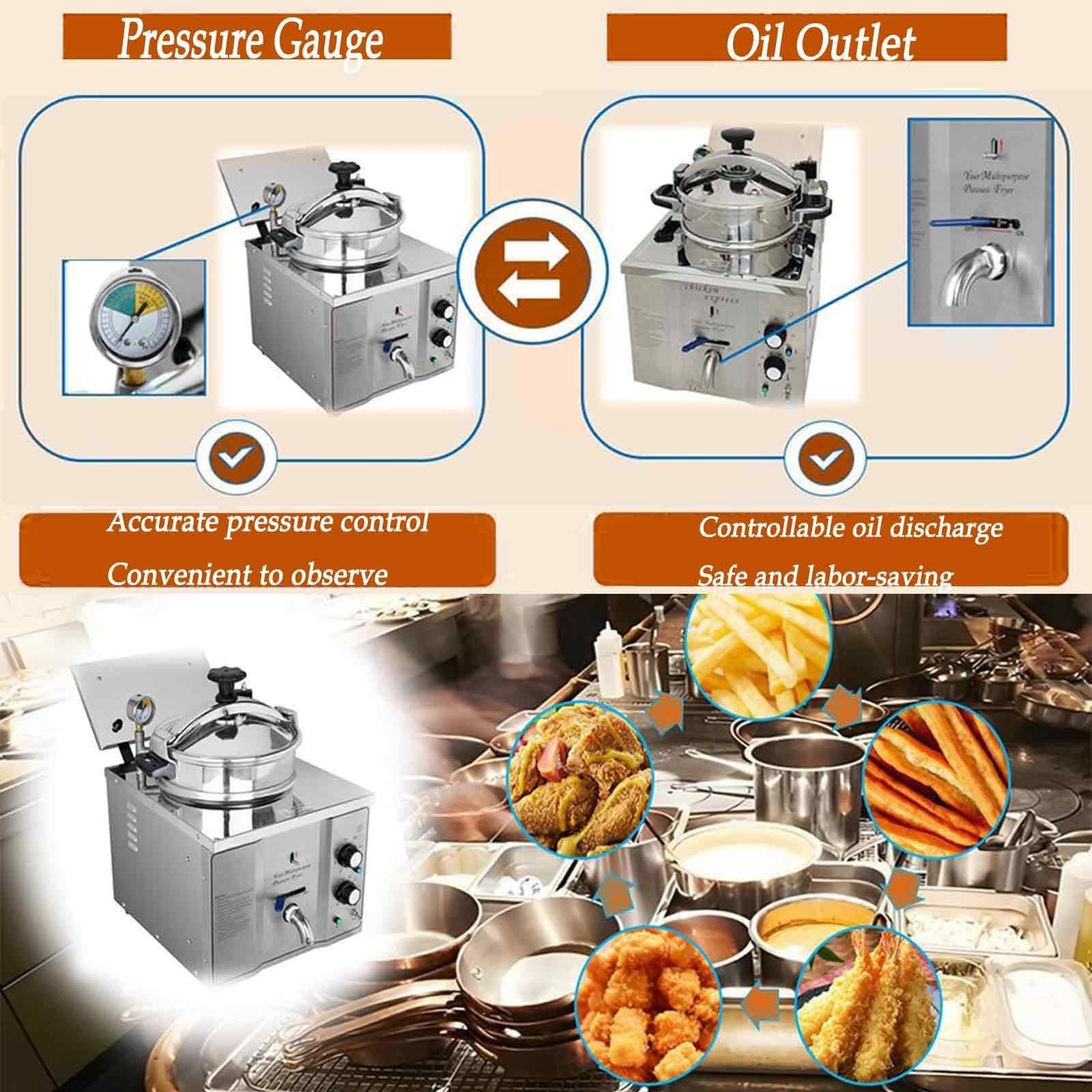 Friggitrice elettrica da banco da 16 Litri per Pollo Fritto ad Alta Pressione con Timer Incorporato, 110 V, 3 kW,Friggitrice a Pressione per Pollo Fritto