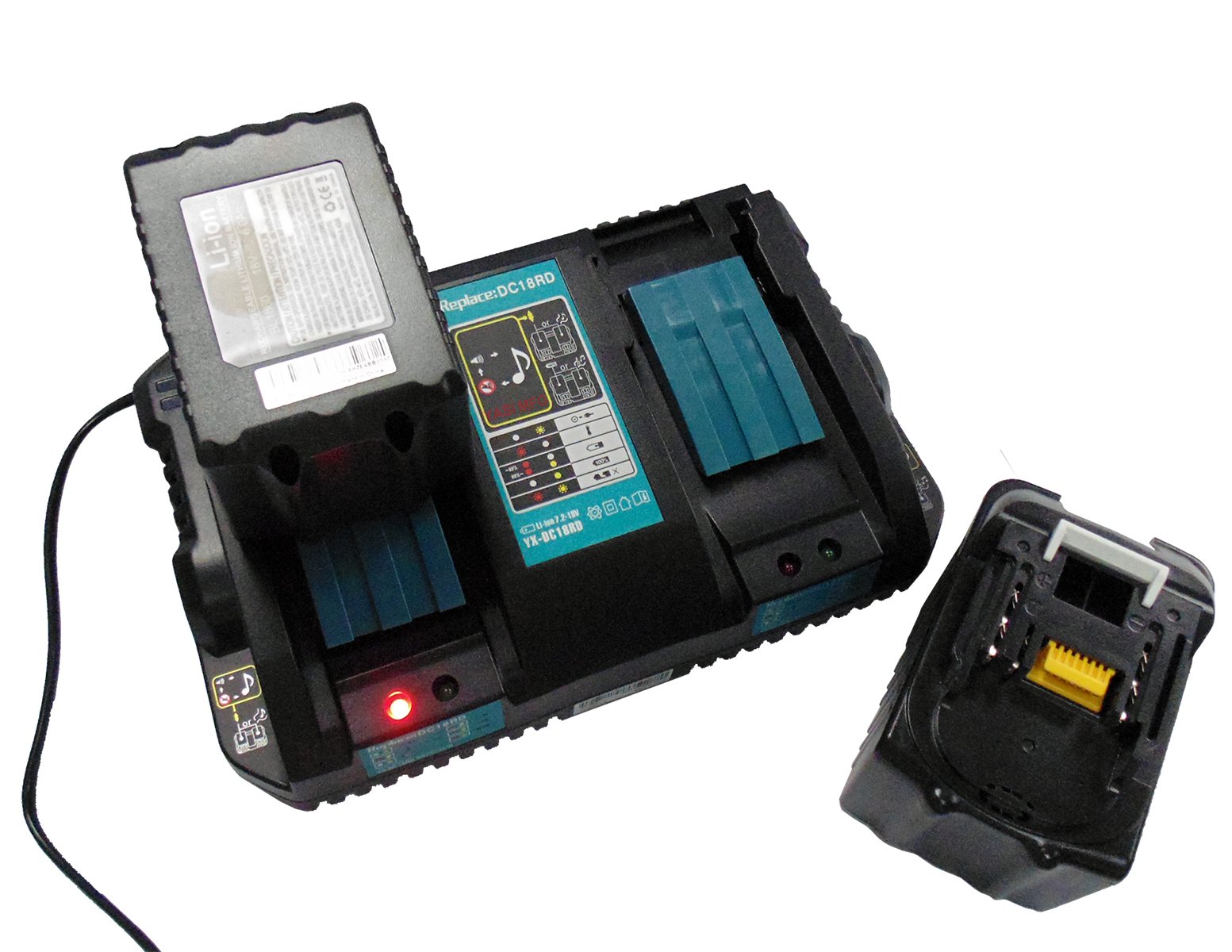 YASI MFG Cargador para Makita DC18RD Doble Cargador rápido 14.4 V - 18 V 4 A DC18RA DC18RC para Makita 18V BL1815 BL1830 B BL1840 B BL1850 B & 14.4V BL1415 BL1430 B BL1440 B BL1450 B