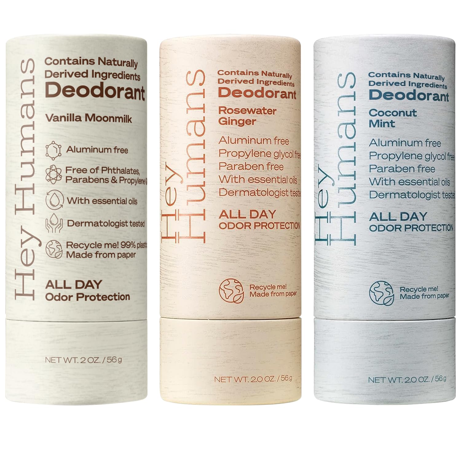 Hey Humans Deodorant, Aluminum Free Deodorant, Contains Naturally Derived Ingredients, All Day Odor Control, Refreshing Essential Oils, Coconut Mint, Rosewater Ginger, Vanilla Moon Milk
