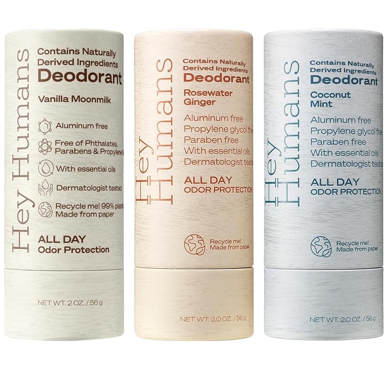 Desodorante HEY HUMANS sem alumínio com óleos essenciais, Coconut Mint, Rosewater Ginger e Vanilla Moon Milk