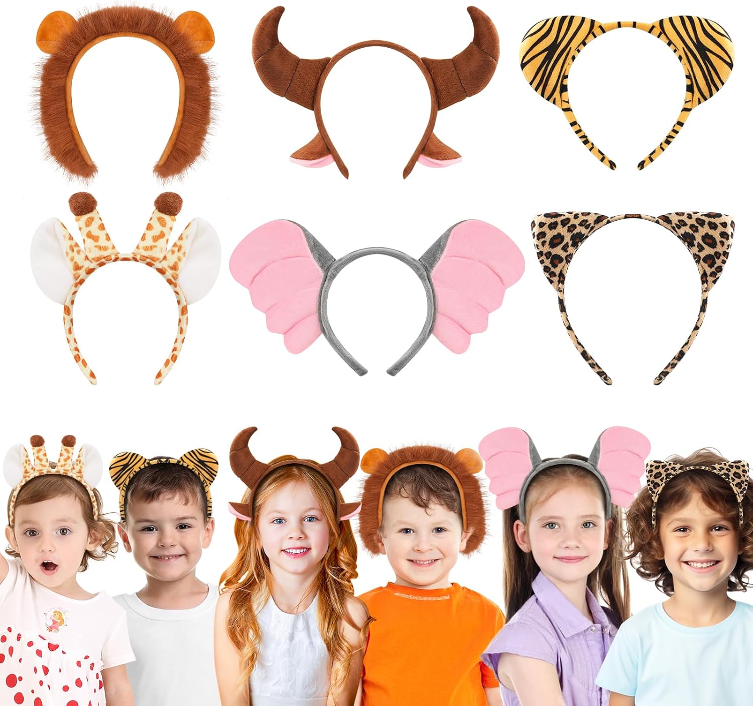 6Pcs Animal Headbands for Jungle Safari Wild One Farm Animal Cosplay Birthday Party Decor Hair Hoop for Kids Adults