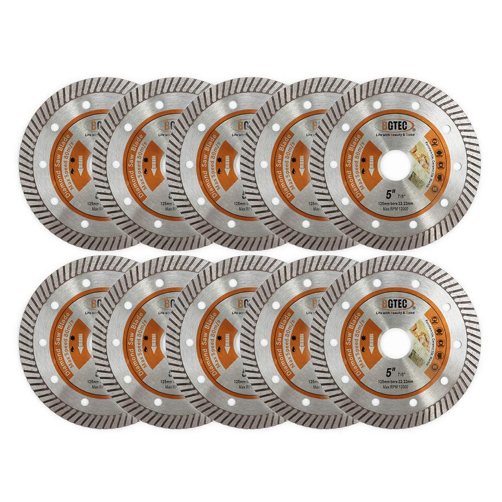 BGTEC Diamond Tile Blade,10pcs 5" Super Thin Turbo Rim Concrete Porcelain Saw Blade with 7/8" Arbor for Cutting Porcelain Tile Ceramic Granite Marble Hard Material Cutting Disc