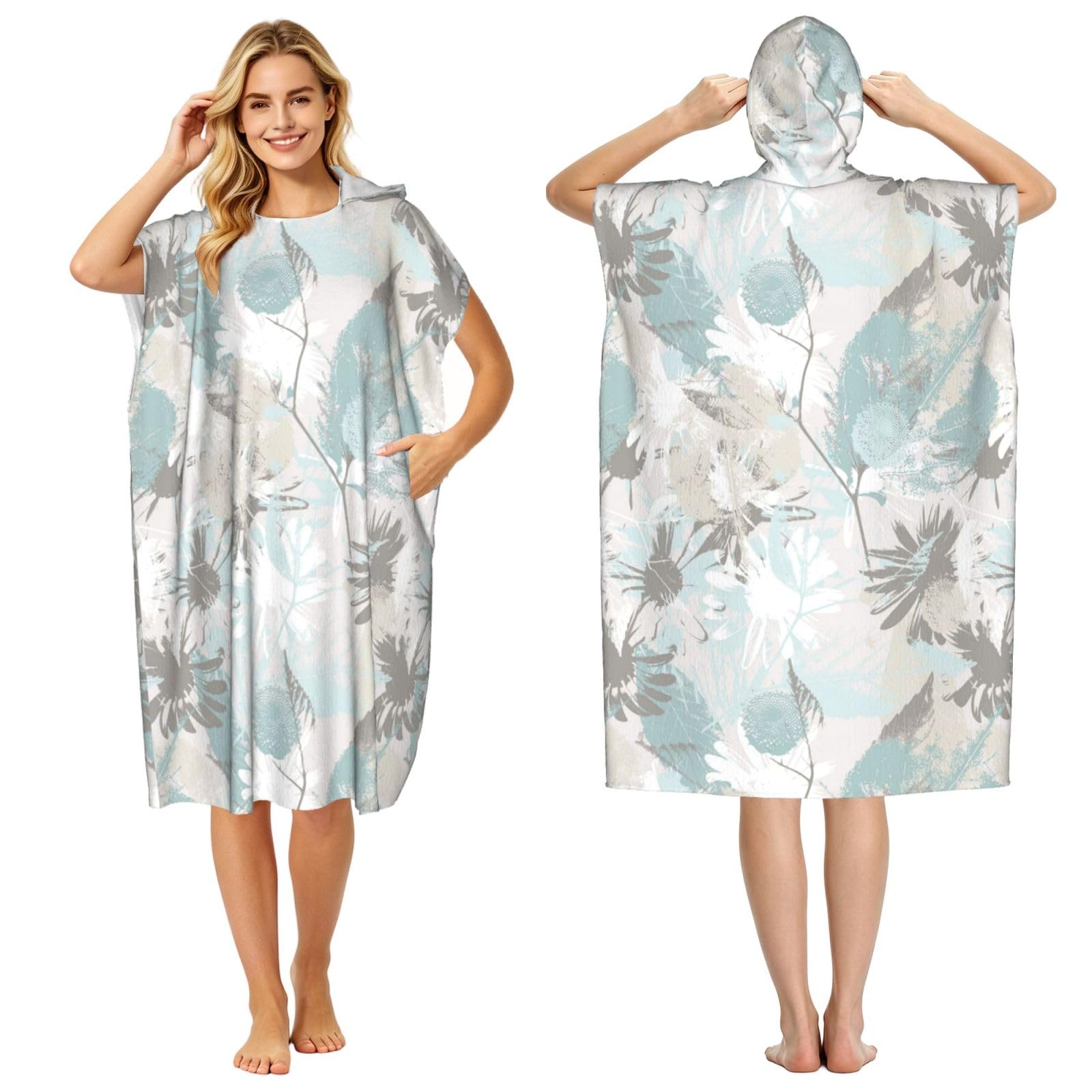 Poadnly Mint Gray Leaves, Adult Hooded Beach Towel 90 x 110 cm,Changing Bath Robe, Surf Poncho Towel For Women Men