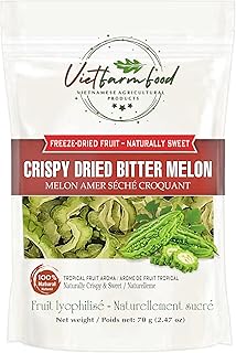 CRISPY DRIED BITTER MELON 1.76 oz (50g) VIETFARMFOOD: Freeze-dried, no sugar added, naturally slightly bitter. Nutritious, pure, and crunchy. Great for snacking, toppings, desserts or healthy gifting