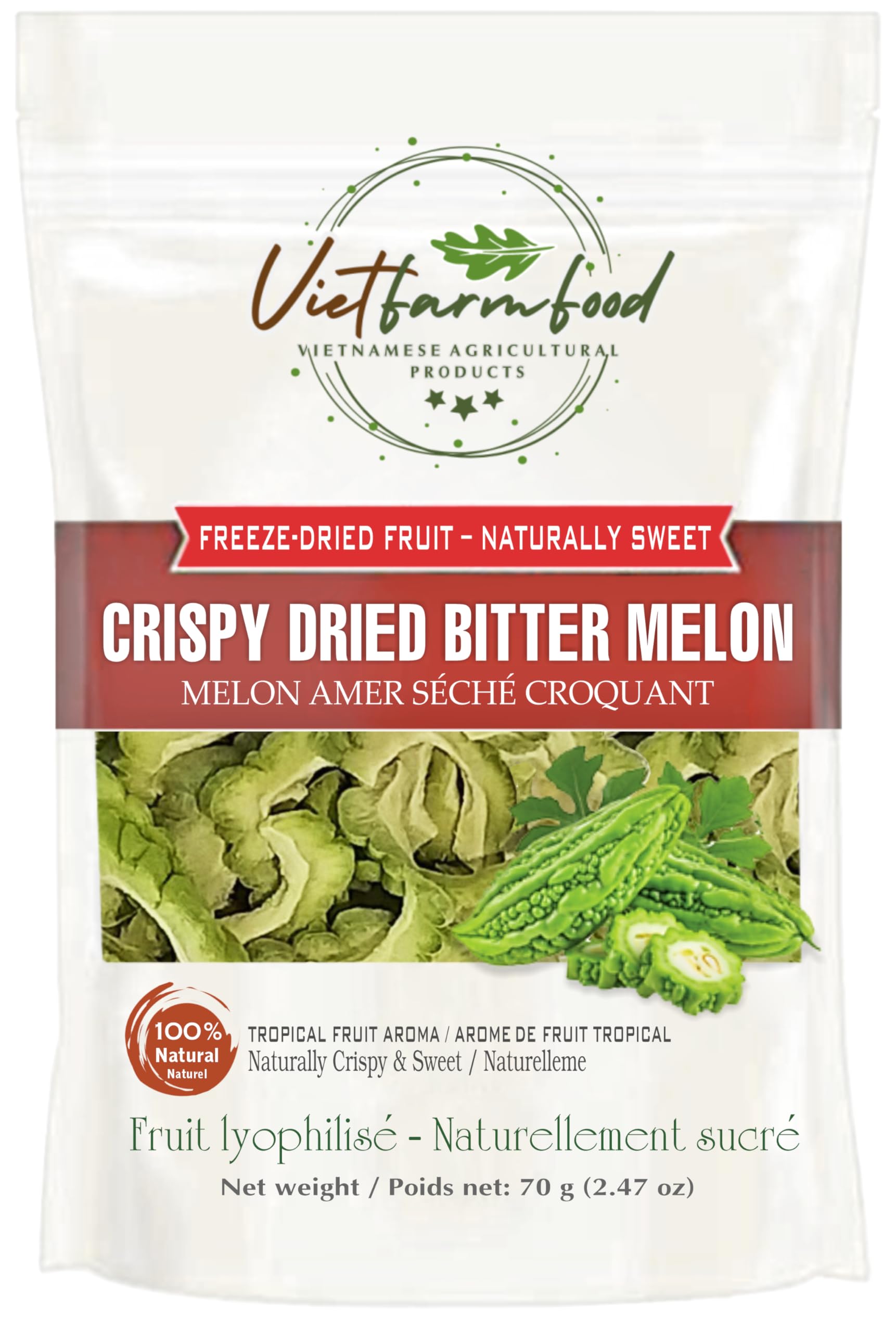 CRISPY DRIED BITTER MELON 1.76 oz (50g) VIETFARMFOOD: Freeze-dried, no sugar added, naturally slightly bitter. Nutritious, pure, and crunchy. Great