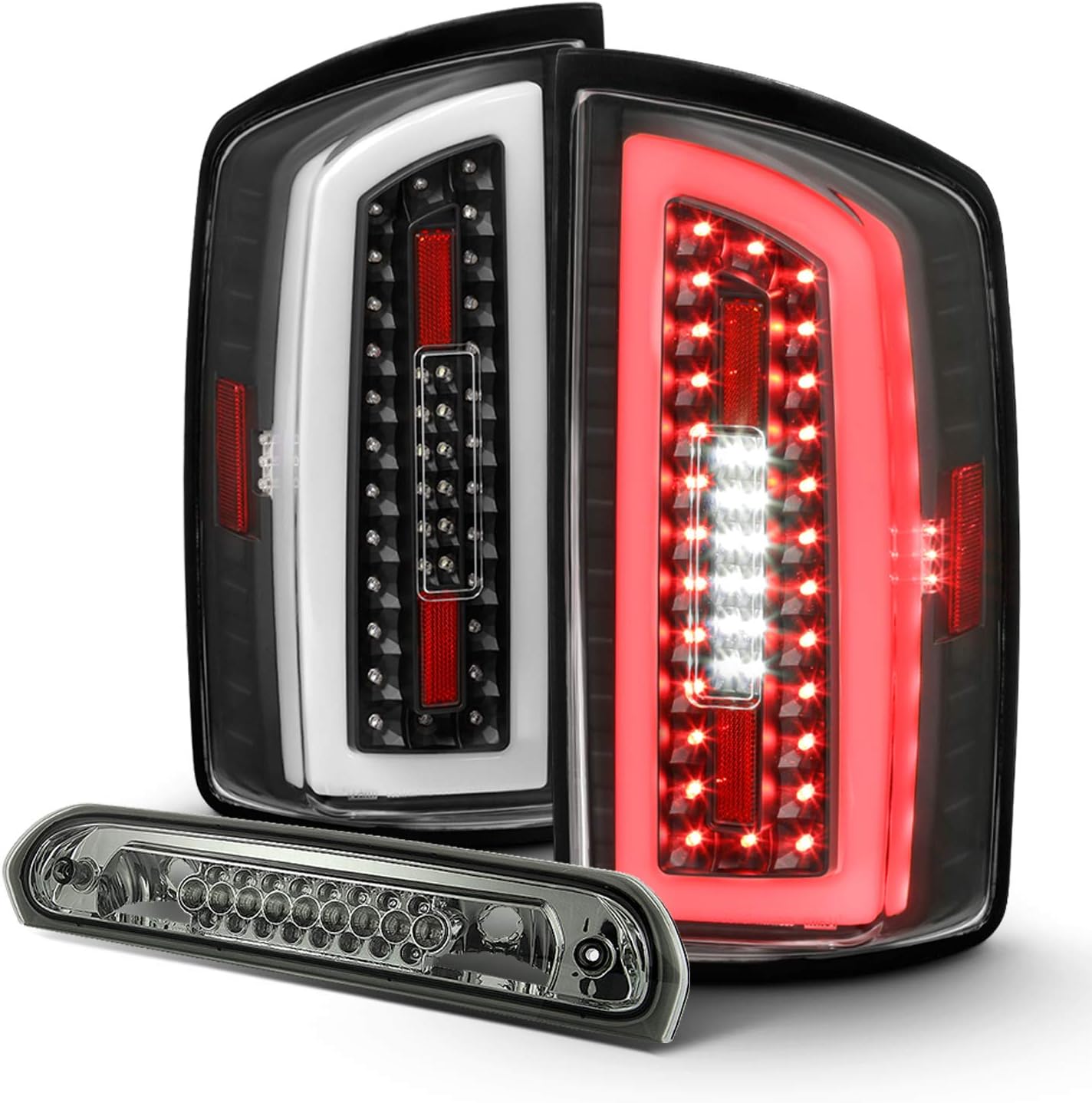 AKKON - Fits 2007 2008 Dodge Ram 1500 2500/2009 3500 Full LED Tube Bar Black Tail Lights Brake Lamp + 3RD Brake Light Pair