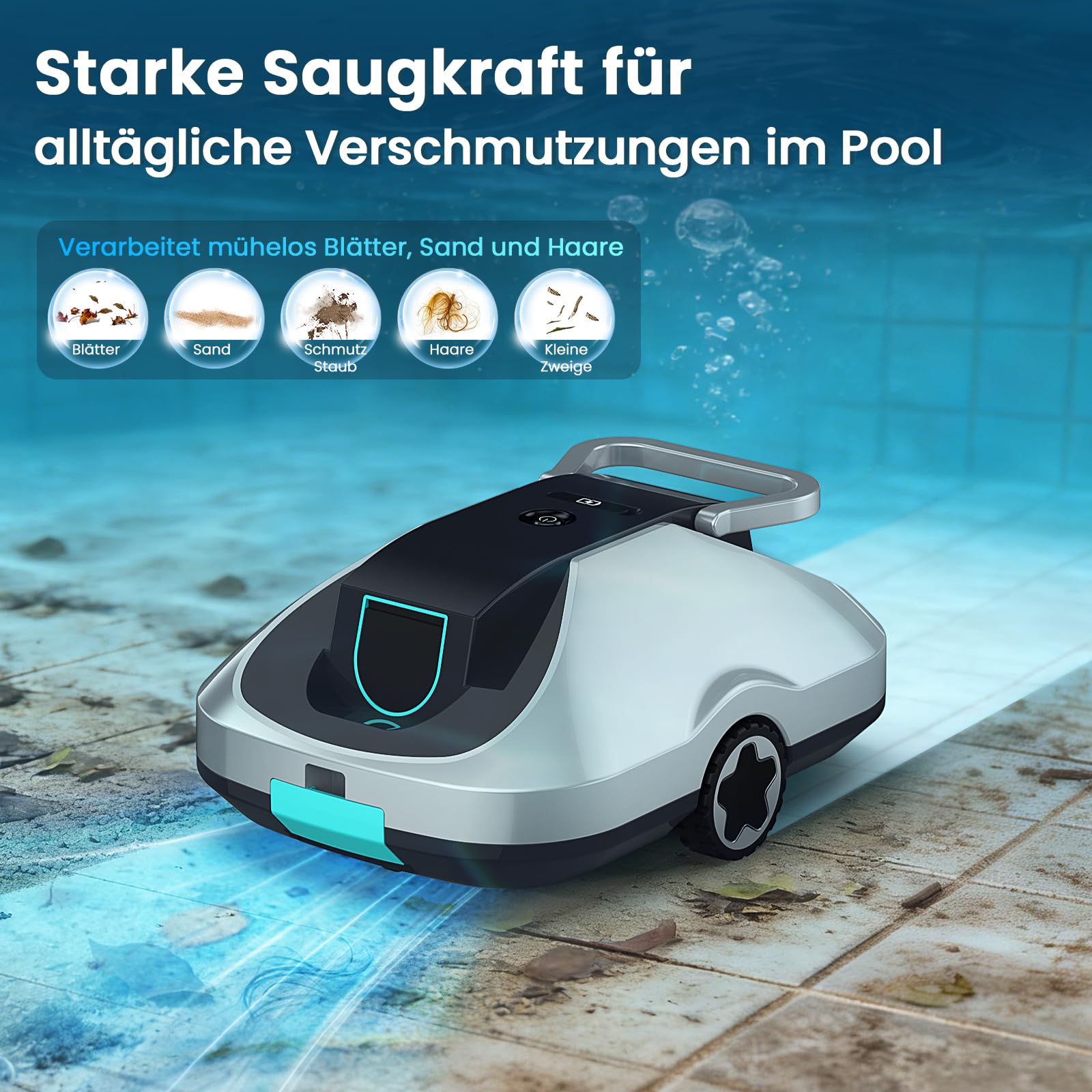 Poolroboter Akku, kabelloser Pool-Saugroboter, 200Min Laufzeit, Intelligente Navigation, Selbsteinparkfunktion und ultrafeine Filterung, kompakt und tragbar Poolreiniger ohne Kabel für Pools 232m²