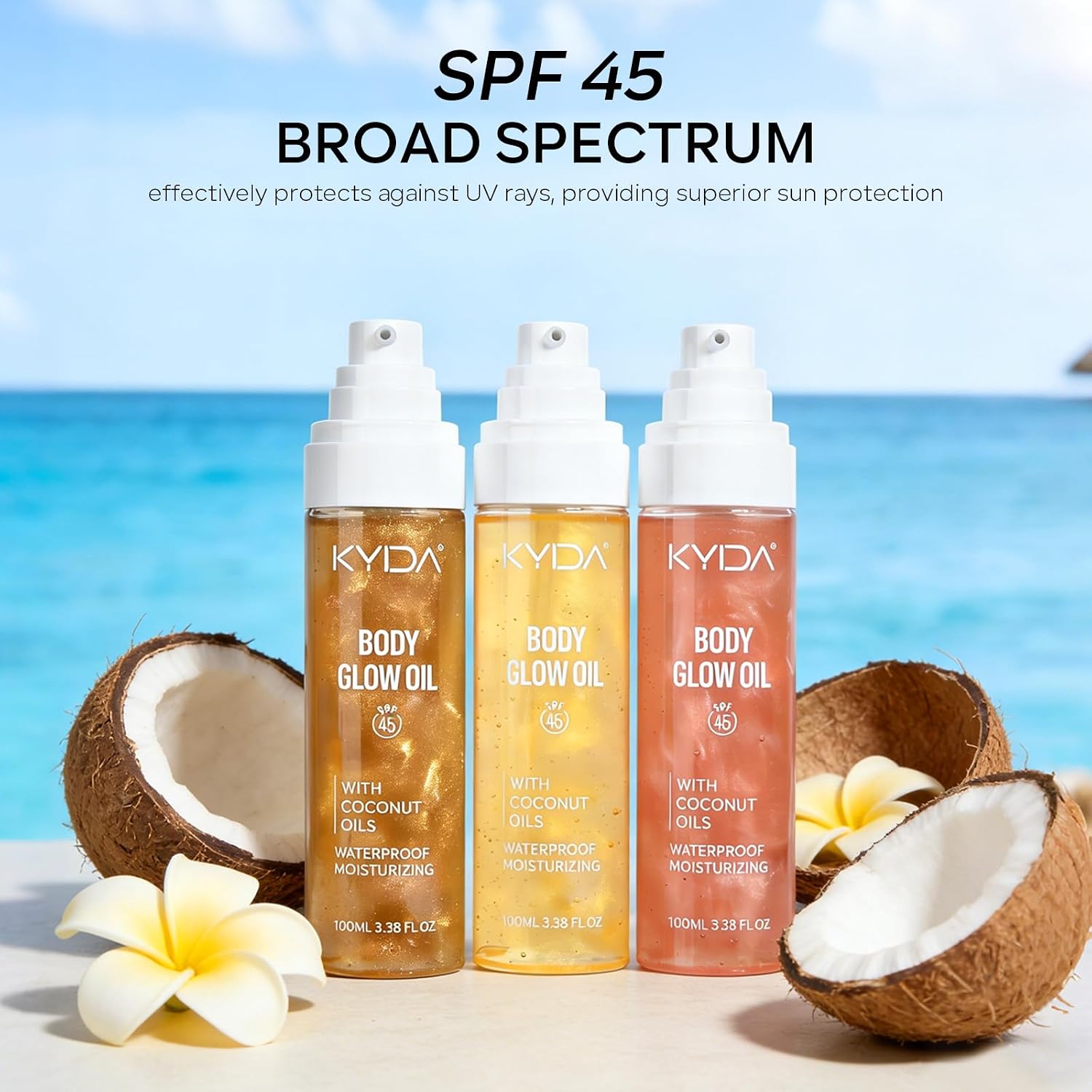 KYDA Travel Size Sunscreen, SPF 45 Body Glow Oil with Sequin Mica, Lightweight Moisturizing Coconuts Sunscreen SPF Glow Oil, Sun-kissed Shimmer Body Lotion, Water Resistant, 3.38 fl oz, AMBER