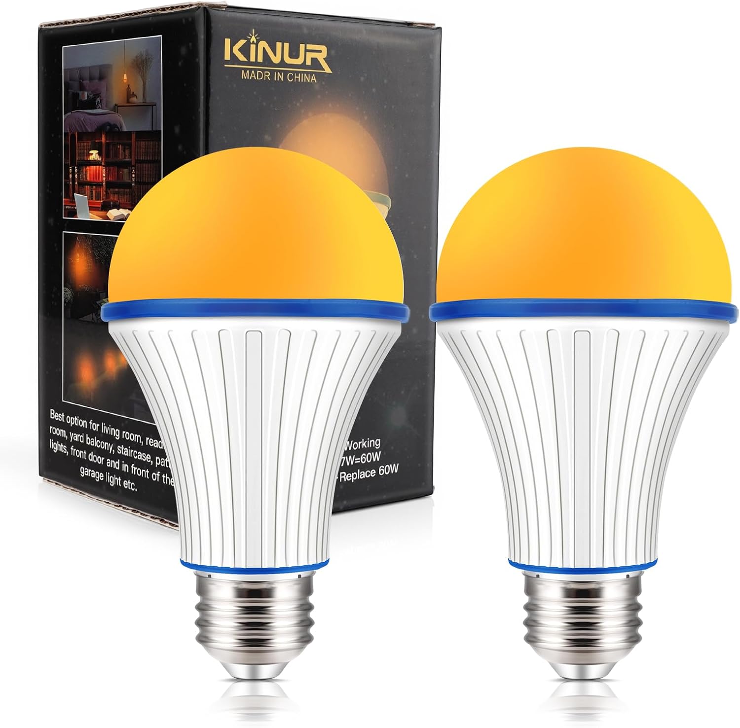 KINUR 7W A19 1800K Amber Light Bulb-Warm Light Bulbs for Sleep 60 Watt Equivalent-Non-Dimmable LED Sleep Light Bulbs 2 Pack