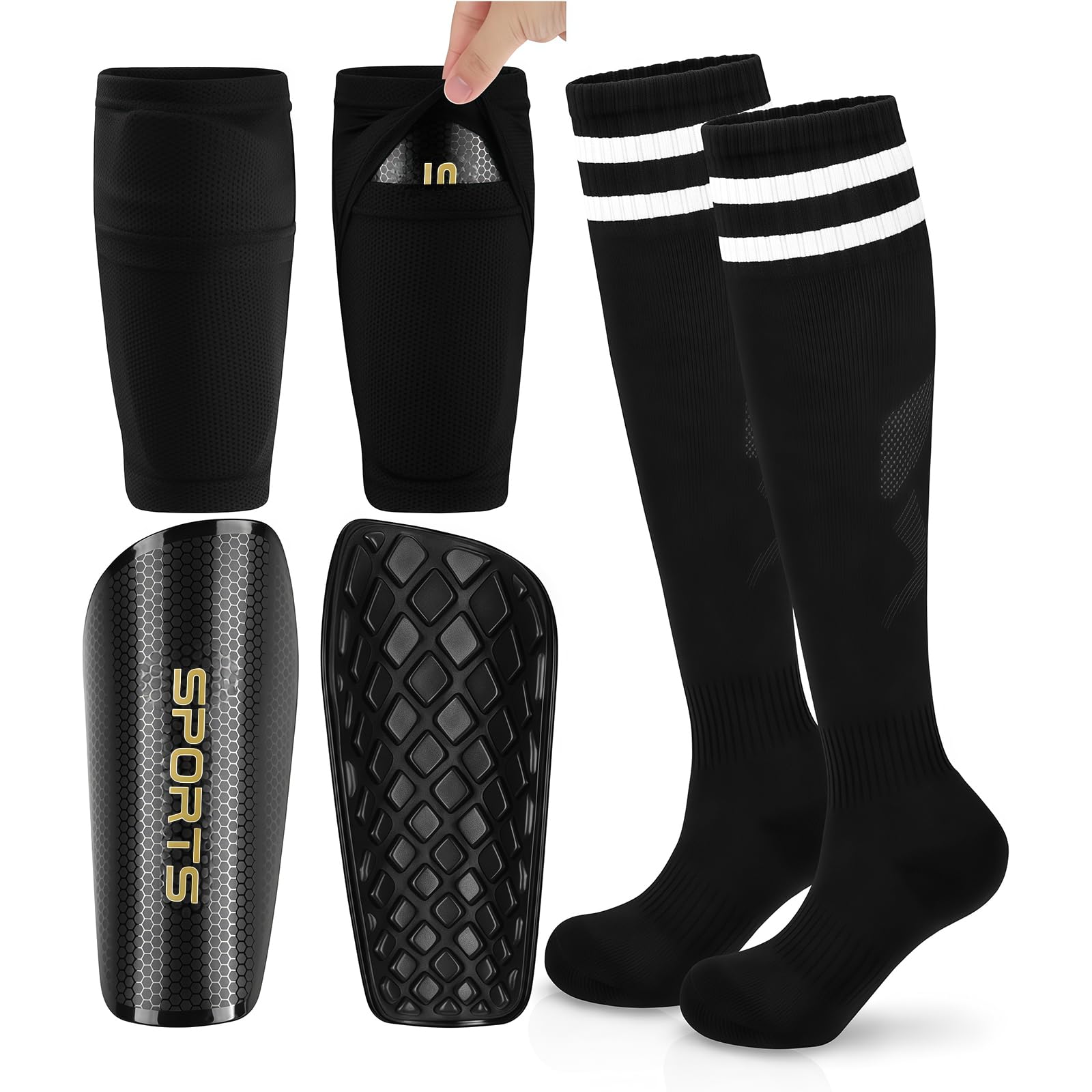 Vesavifaka Kids Teenager Soccer Shin Guards Set, Youth Toddler Shin Pads with Sleeves and Soccer Socks for Age 9-16 Boys Girls Protective Lightweight Soccer Equipment