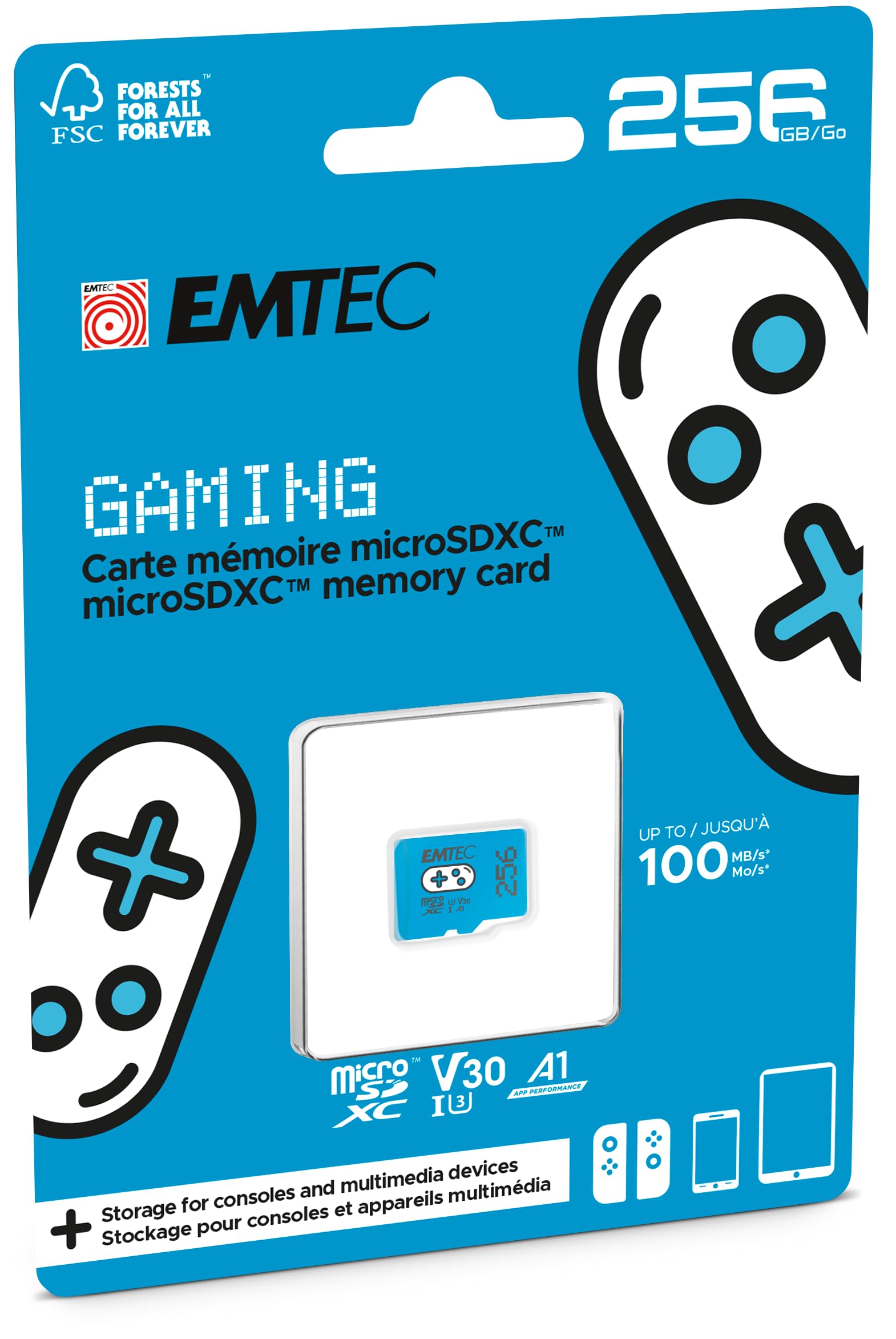 EMTEC - Carte Mémoire microSD 256GB - Augmentez la Mémoire de Vos Consoles, Smartphones et Tablettes - Plus de Stockage de Jeux et Vidéos - ECMSDM256GXCU3G - Collection Gaming - Blue/Bleu