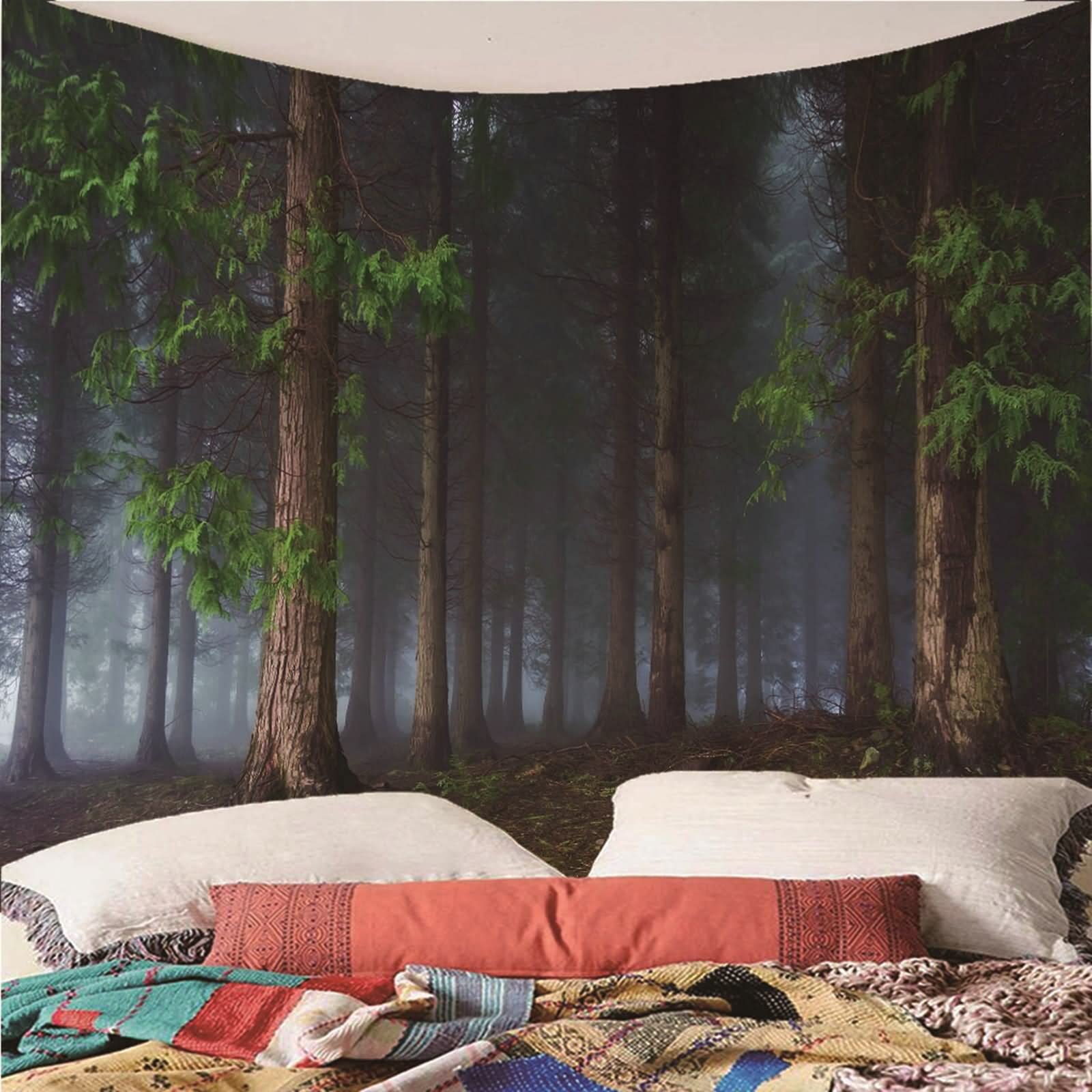 Tapiz Tela Pared, Decoración Pared Cocina Niebla del Bosque Poliéster Verde Marrón 150x130CM Regalo Mujer