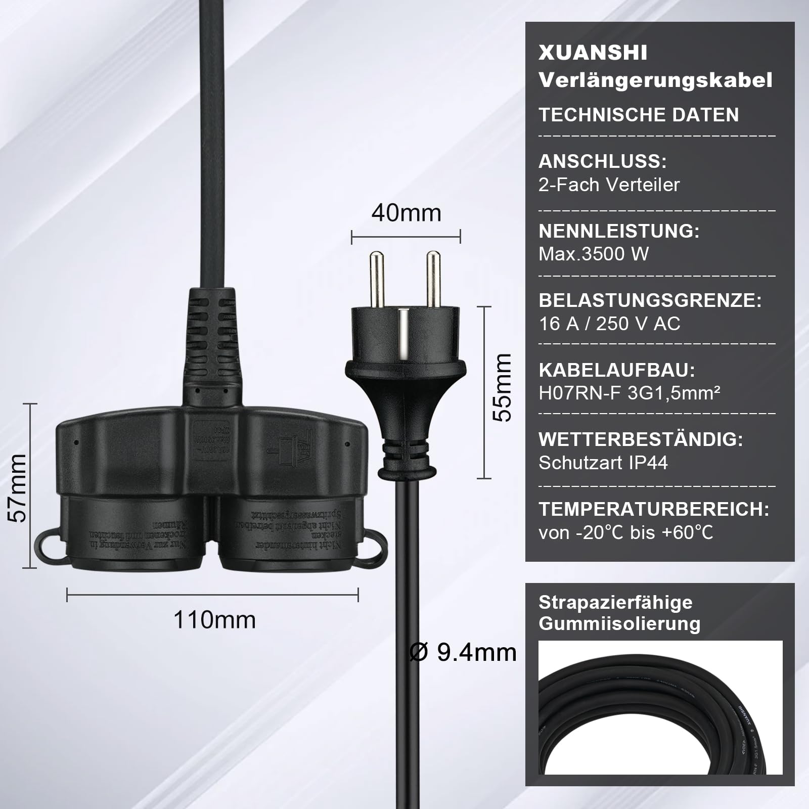 XUANSHI Cavo di prolunga per esterni, 15 m, con 2 prese Schuko, doppio cavo di alimentazione per esterni, IP44, H07RN-F 3G, 1,5 mm², cavo di gomma, 2 scomparti, esterno con tappo di protezione 3500 W