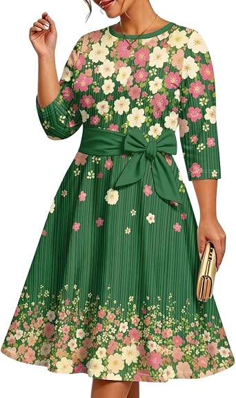 A-Line Cocktail Dresses 3/4 Sleeve Flared Midi Dresses for Women