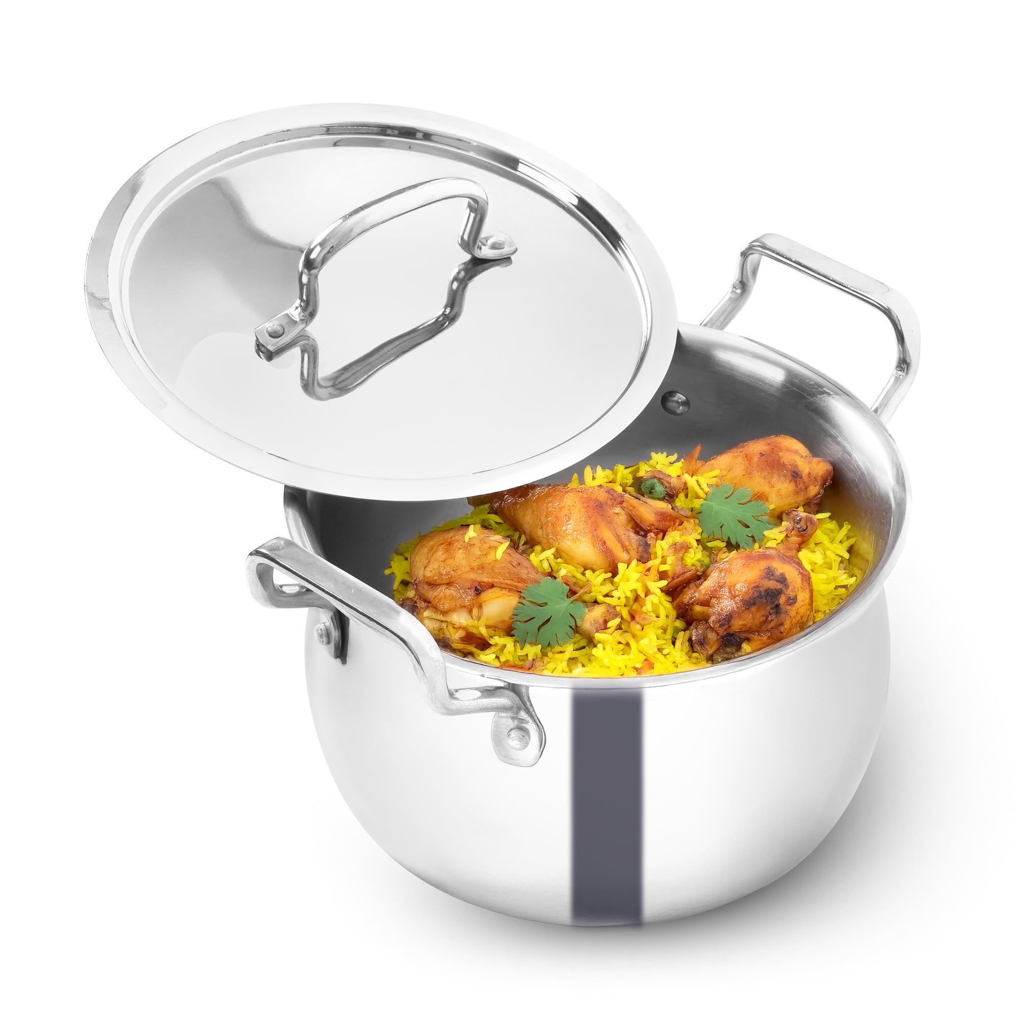 The Indus Valley Triply Stainless Steel Stock Pot 4 Litre with SS Lid/Briyani Pot Handi Shaped/Casserole | 20cm/ 7.87 inch, 1.79kg | Induction Friendly | 100% Toxin-Free