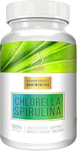 ACTIF Clorella y espirulina orgánica 100% limpiada en el océano, sin OMG, el mejor suplemento de dieta vegana y desintoxicante, fabricado en Estados