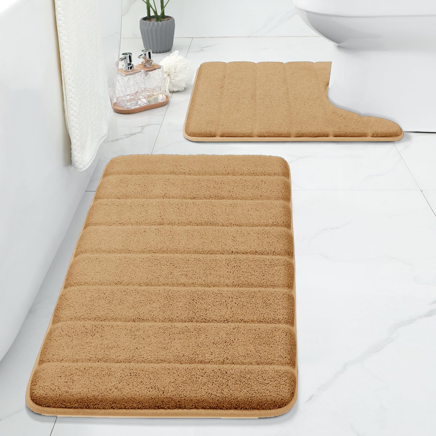 Rugs Inn Bath Mat Sets 2 Piece 50 x 80 cm, 50 x 40 cm - Extra Thick Memory Foam Bath Mat Super Soft Absorbent Shower and Toilet Bathroom Floor Mats Sets - Beige