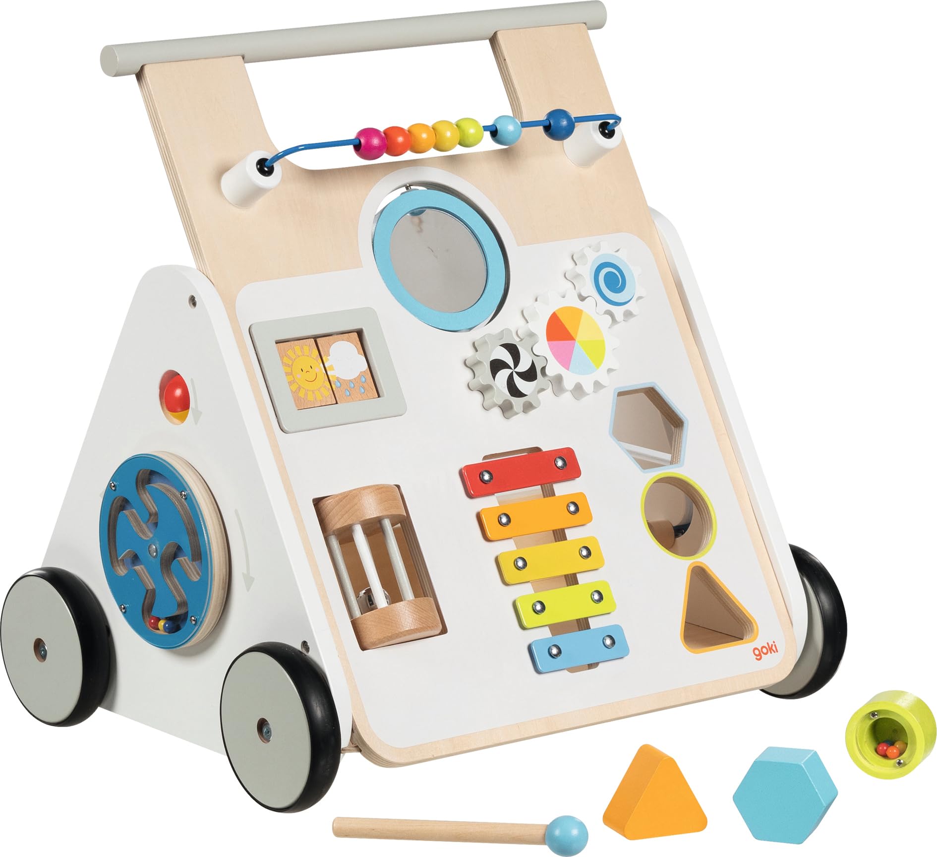 goki 59961 - Lauflernwagen KiddyCruiser aus Holz, Multifunktionale Lauflernhilfe mit Kugellabyrinth, Xylophon, Spiegel, Sortierbox, Drehpuzzle, Bremse und vieles mehr, 33cm x 41cm x 44cm, ab 1 Jahr