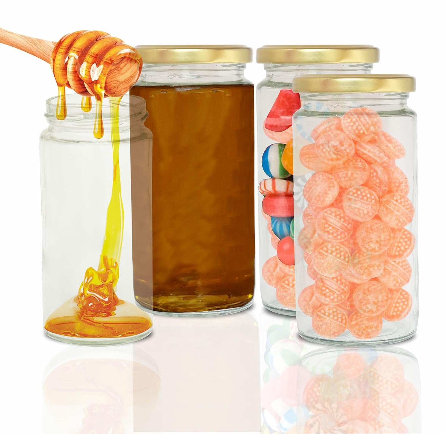 Kware Transparent Airtight 380Ml Round Small Glass Jars With Lids| Gold Lids| Preserving Glass Jam Jars For Food Herbs, Jam, Spices, Sauces, Curds And More (Pack Of 6) (380Ml Jar)