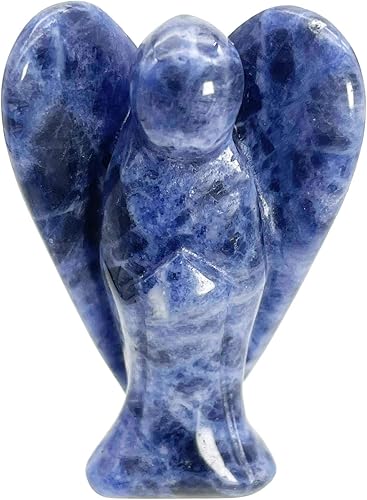 Fekuar Estatua de ángel guardián de oración de cristal curativo de sodalita natural, figuras de piedra de palma de bolsillo talladas para decoración