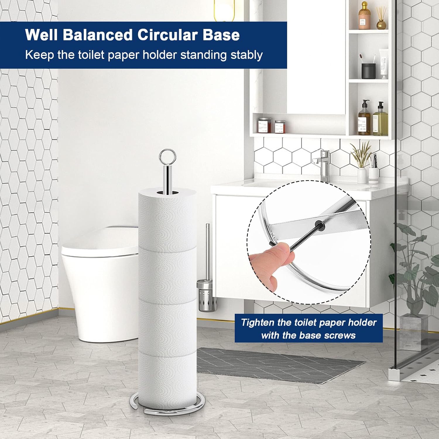 NearMoon Bath Toilet Paper Holder Stand, Freestanding Tissue Paper Storage with Reserve, Space Toilet 4 Rolls Holder for Bathroom/Kitchen Countertop-All Metal (1 Pack, Chrome Finish)