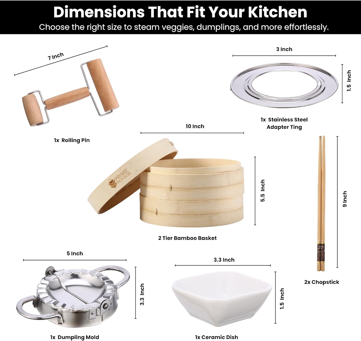 PRIME PICKINGS Bamboo Steamer Basket | 2-Tier Handmade Basket Dumpling Steamer Basket-Traditional Design bamboo steamer for Cooking Dumpling Bao Bun, Rice Potsticker Steaming Chinese Asian Food & Vegetables