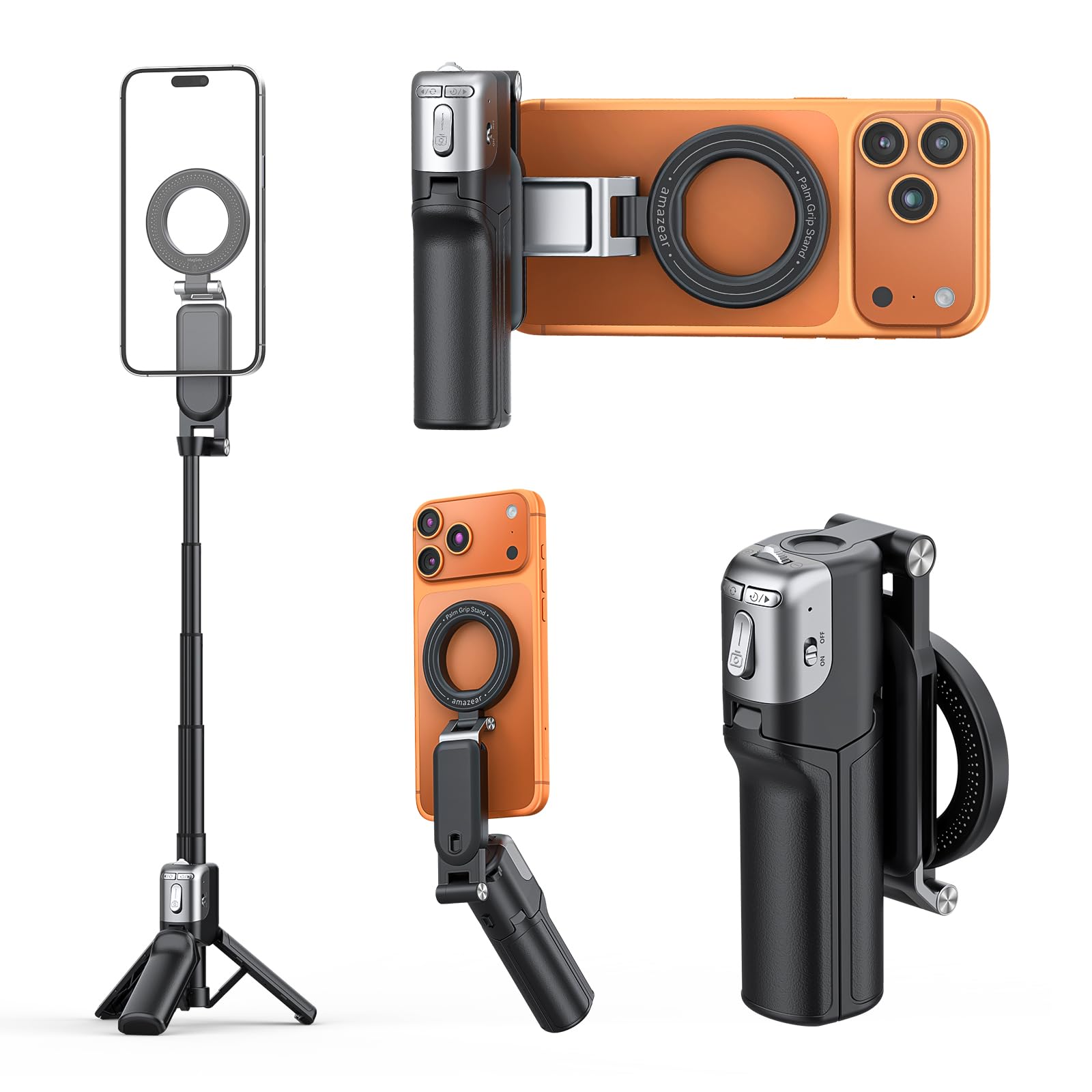 AMAZEAR Palo Selfie Tripode para Movil (4 en 1), Selfie Stick Negro