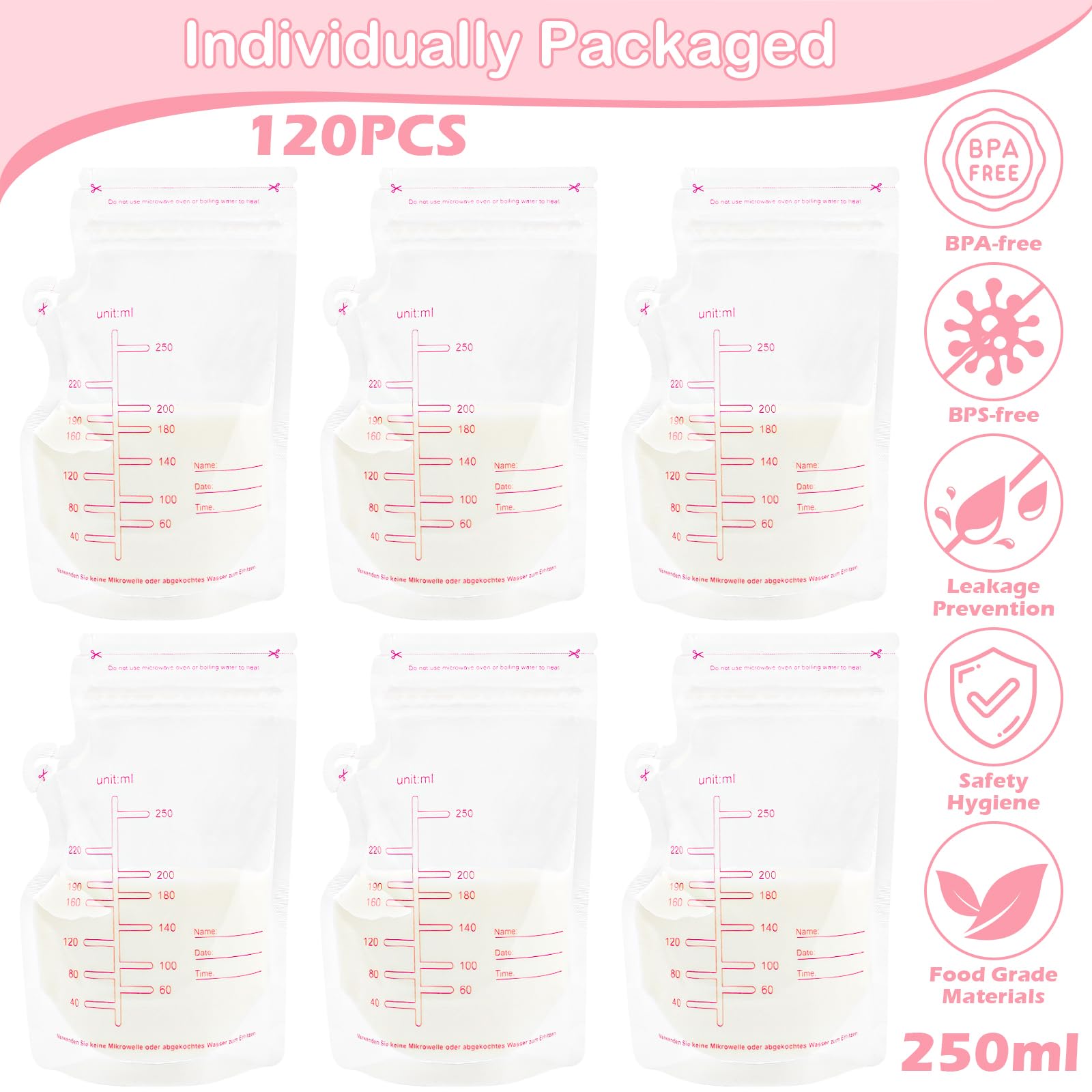 120 Pièces Sachets Conservation Lait Maternel 250ml Sac Congélation Lait Maternel Double Fermeture Étanche Sac Lait Maternel Congelation Matériau Alimentaire Sans BPA
