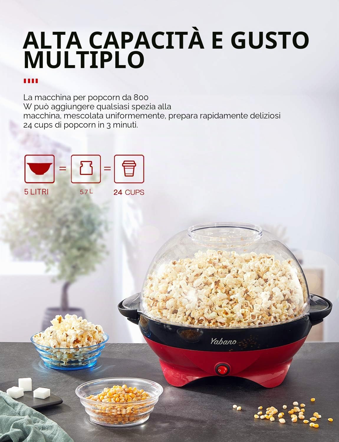 Yabano Macchina Popcorn, 5L Macchina per Pop Corn con Rivestimento con Antiaderente, Staccabile, Impugnature Fredde, 800 W, Senza BPA, Rosso