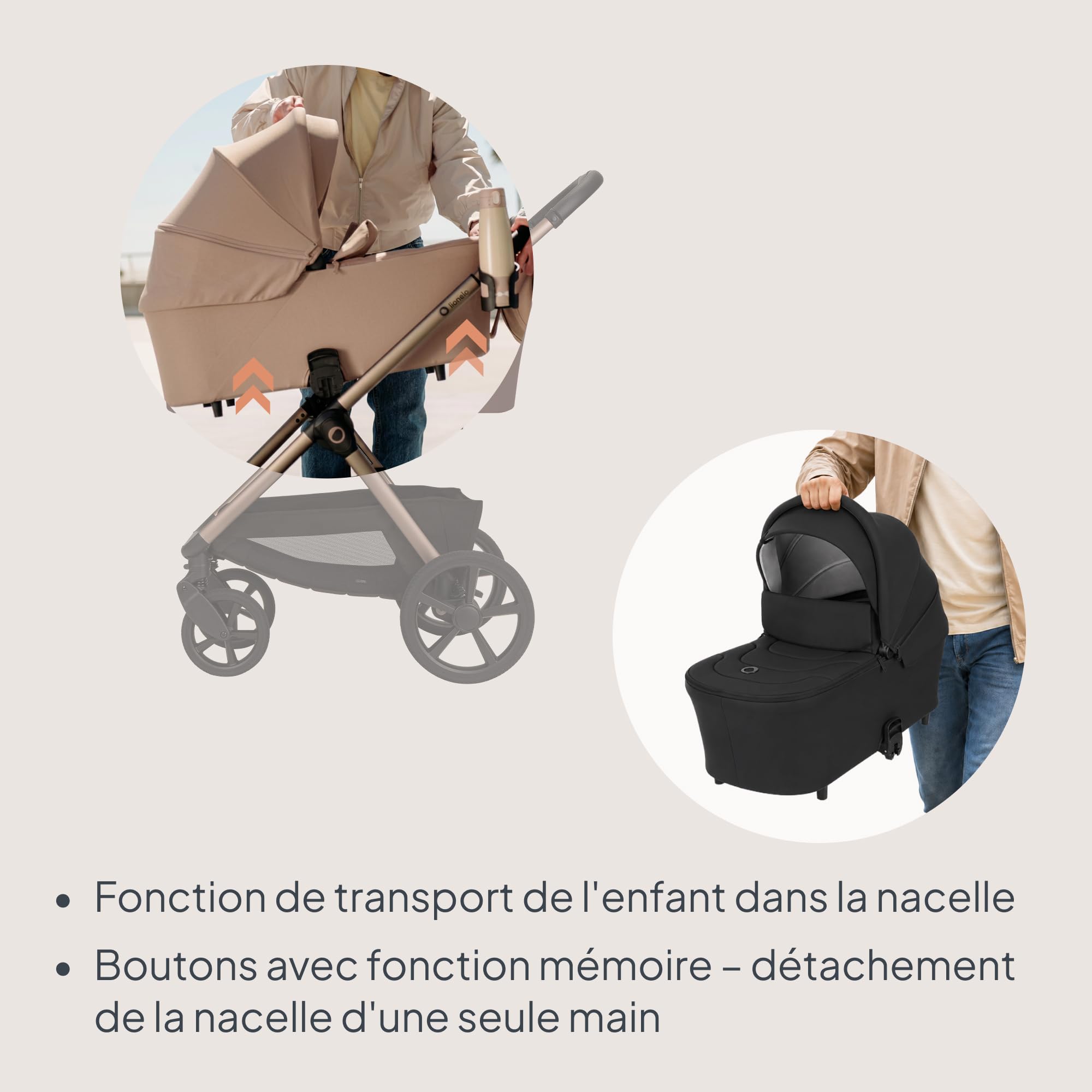 LIONELO Carmine Poussette 3 en 1 3 en 1 (0-4 ans, 0-22 kg), système de voyage ADAC, nacelle et poussette, roues GravelTech, suspension, UPF50+, position allongée, aération, accessoires