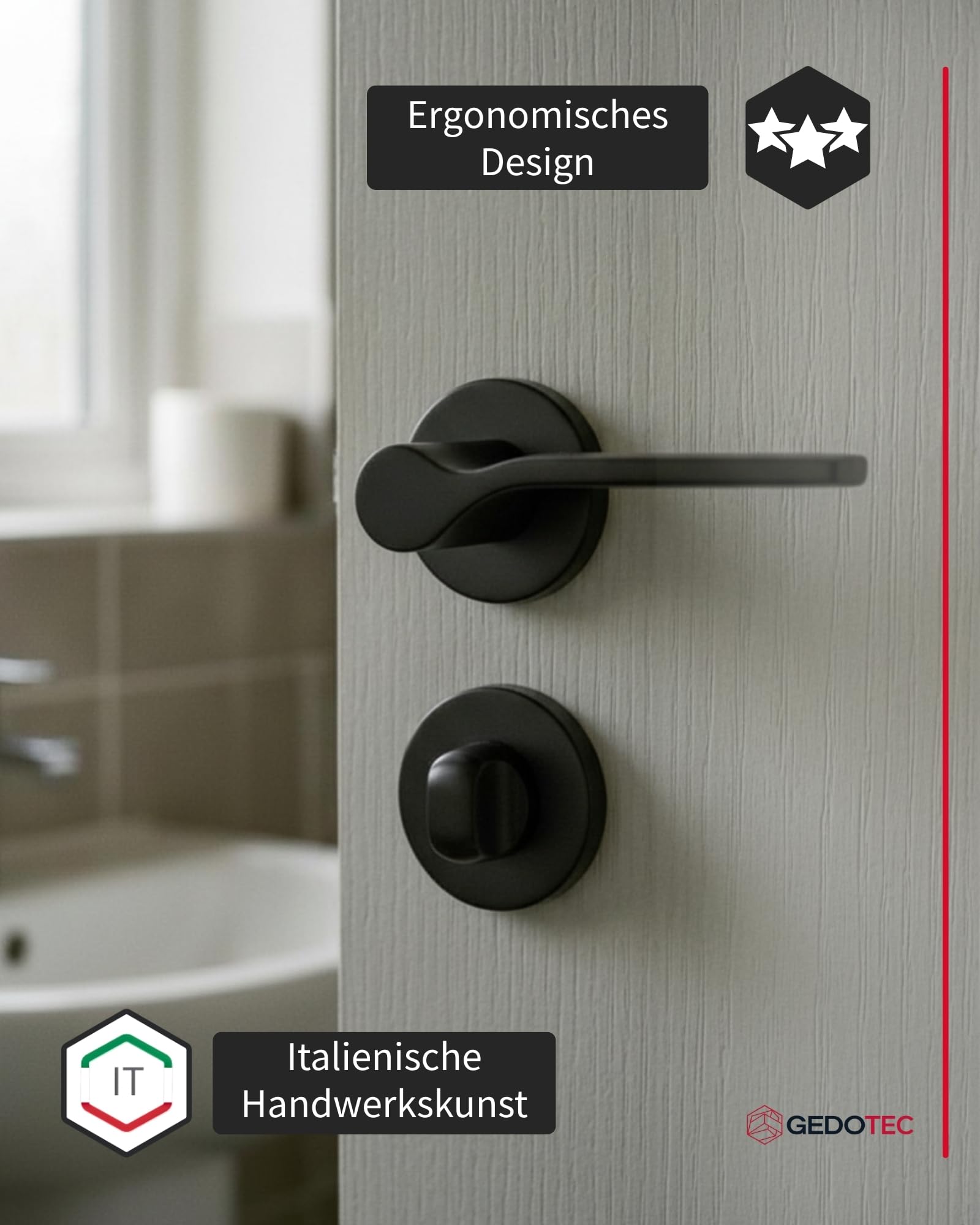 Gedotec Zestaw klamek ONDA do drzwi wewnętrznych z metalu, zestaw rozet WC łazienka czarny matowy, klamka do drzwi pokojowych, zestaw klamek okrągła rozeta do drzwi o grubości 35 do 47 mm