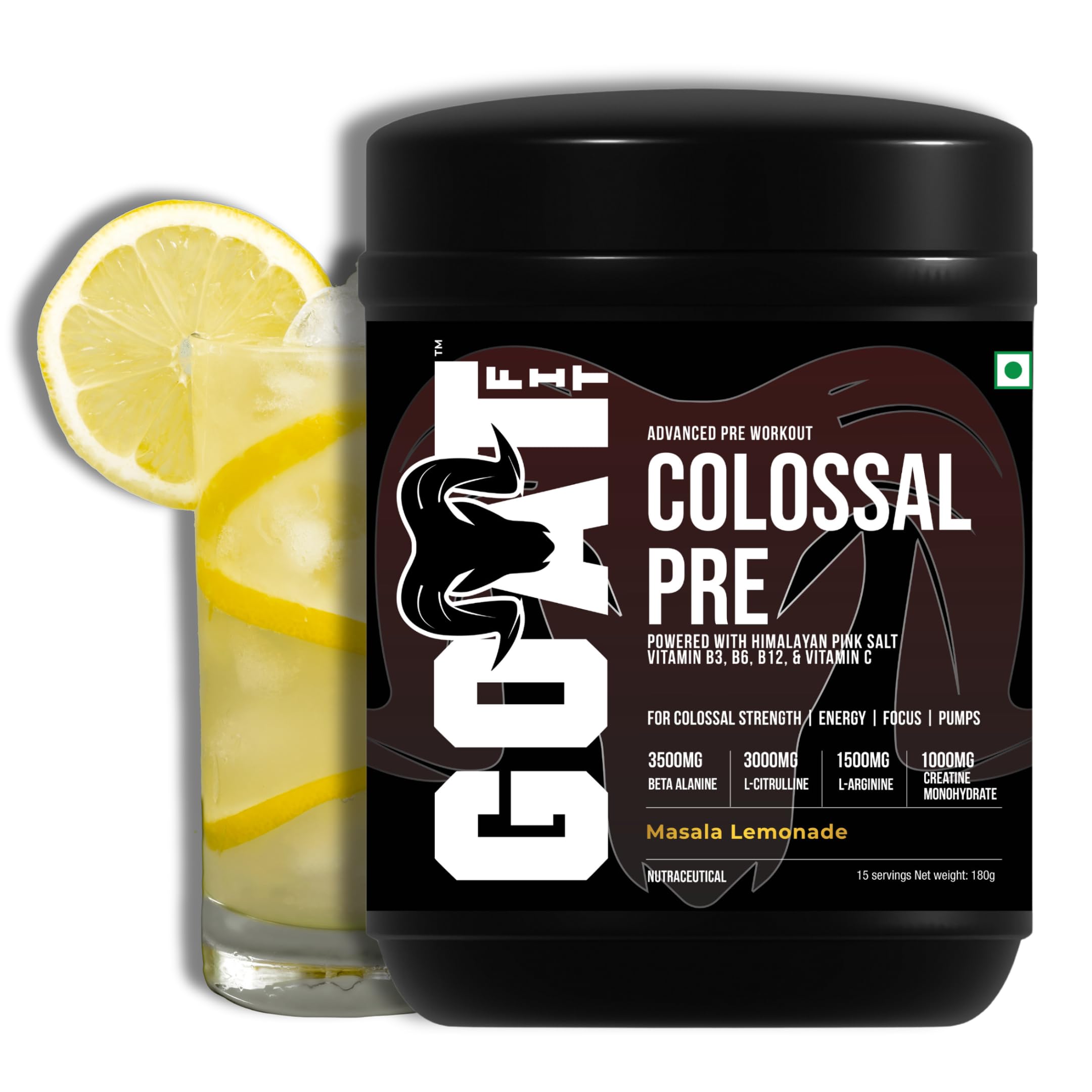 Colossal Pre|Preworkout Powder (Masala Lemonade 180 Gm 15 Servings) 200 Mg Caffeine 3.5 G Beta-Alanine 3 G Citrulline 1.5 G Arginine 1 G Creatine With Himalayan Pink Salt,1 Count