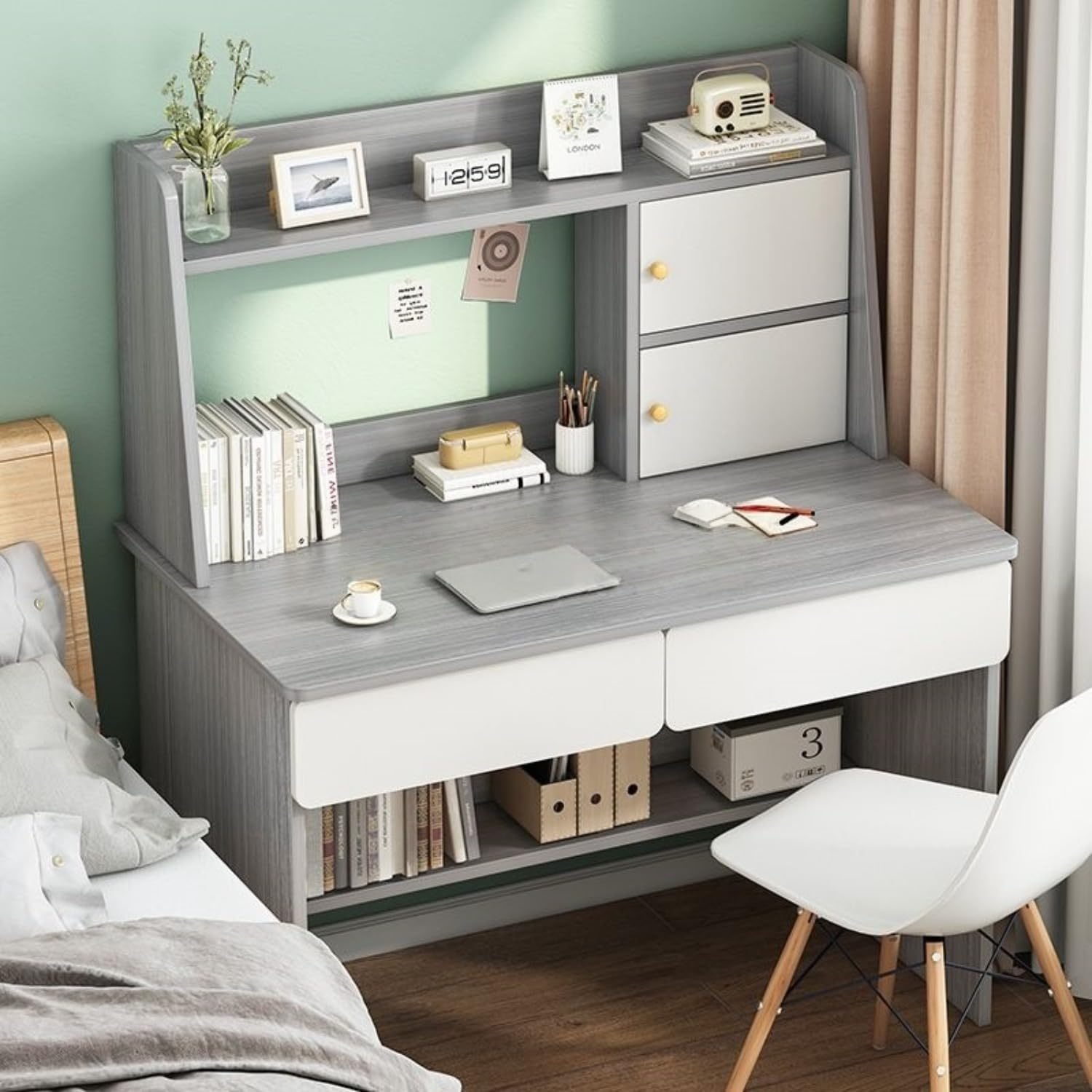 勉強机 子供 办公桌 学习桌 多機能コンピューター机 学習デスク テーブルフレーム一体型 収納引き出し2つ付きナイトスタンド 電脑桌