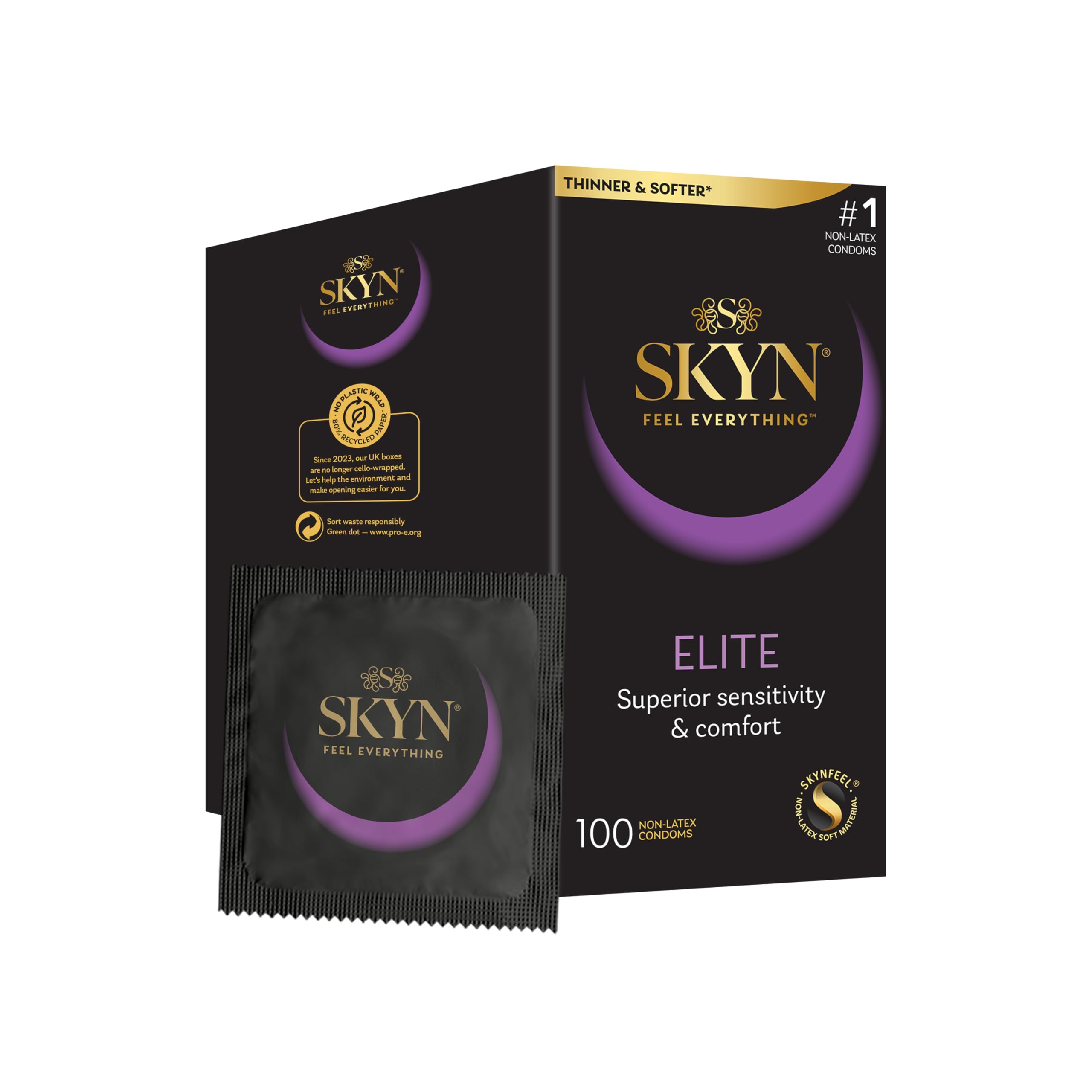 SKYN Elite Kondome, latexfrei, Skynfeel, Kondome für Männer, normale Größe, ultradünne und weiche Kondome, glatte gerade Form, 53 mm breit, 100 Stück