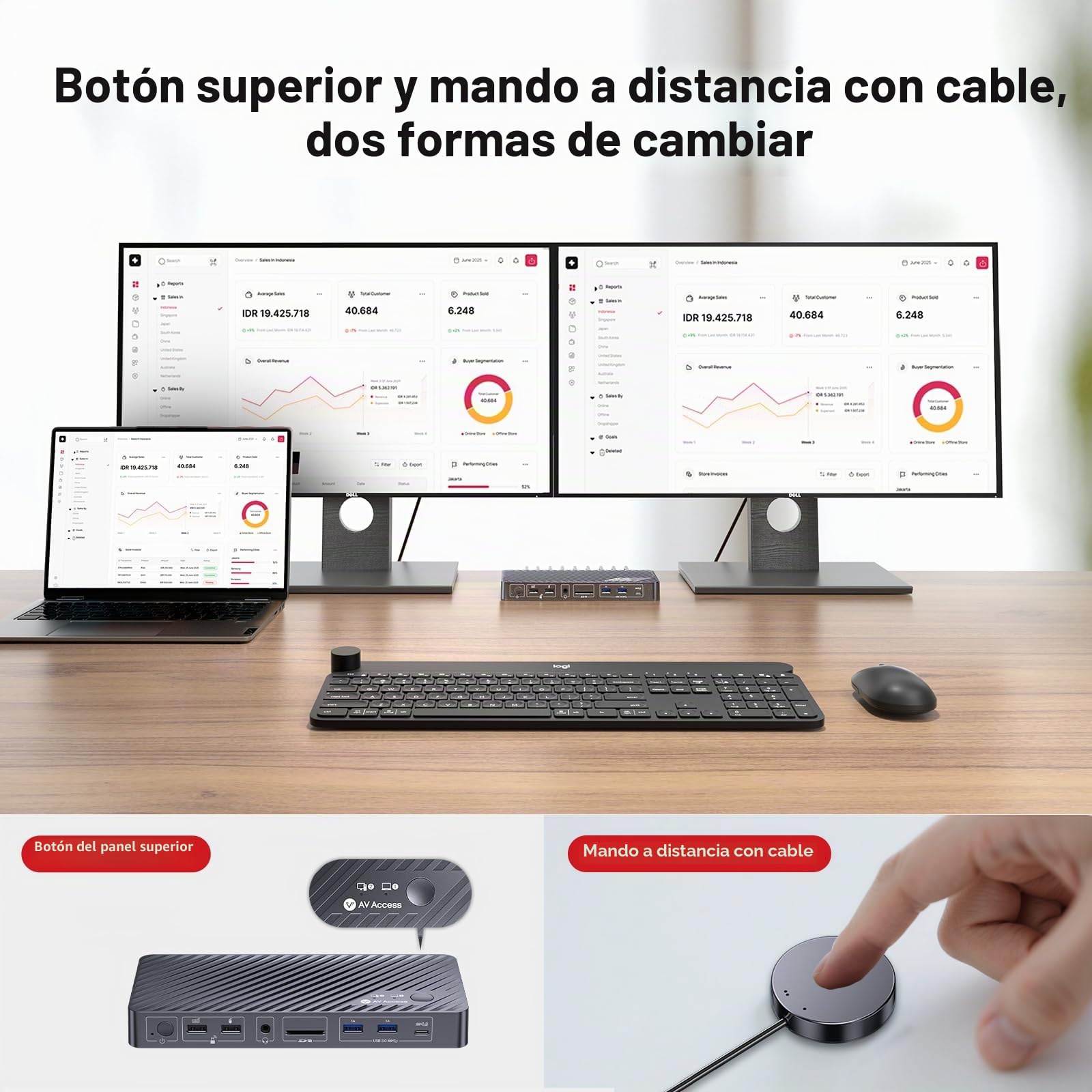 AV Access Docking Station Dual Monitor for Laptop & Desktop, KVM Switch 2 Monitors 2 Computers with Ethernet, EDID, 4K@60Hz Dual Display, 4xUSB-A, 1xUSB-C, Power Supply for Laptop, Audio, SD