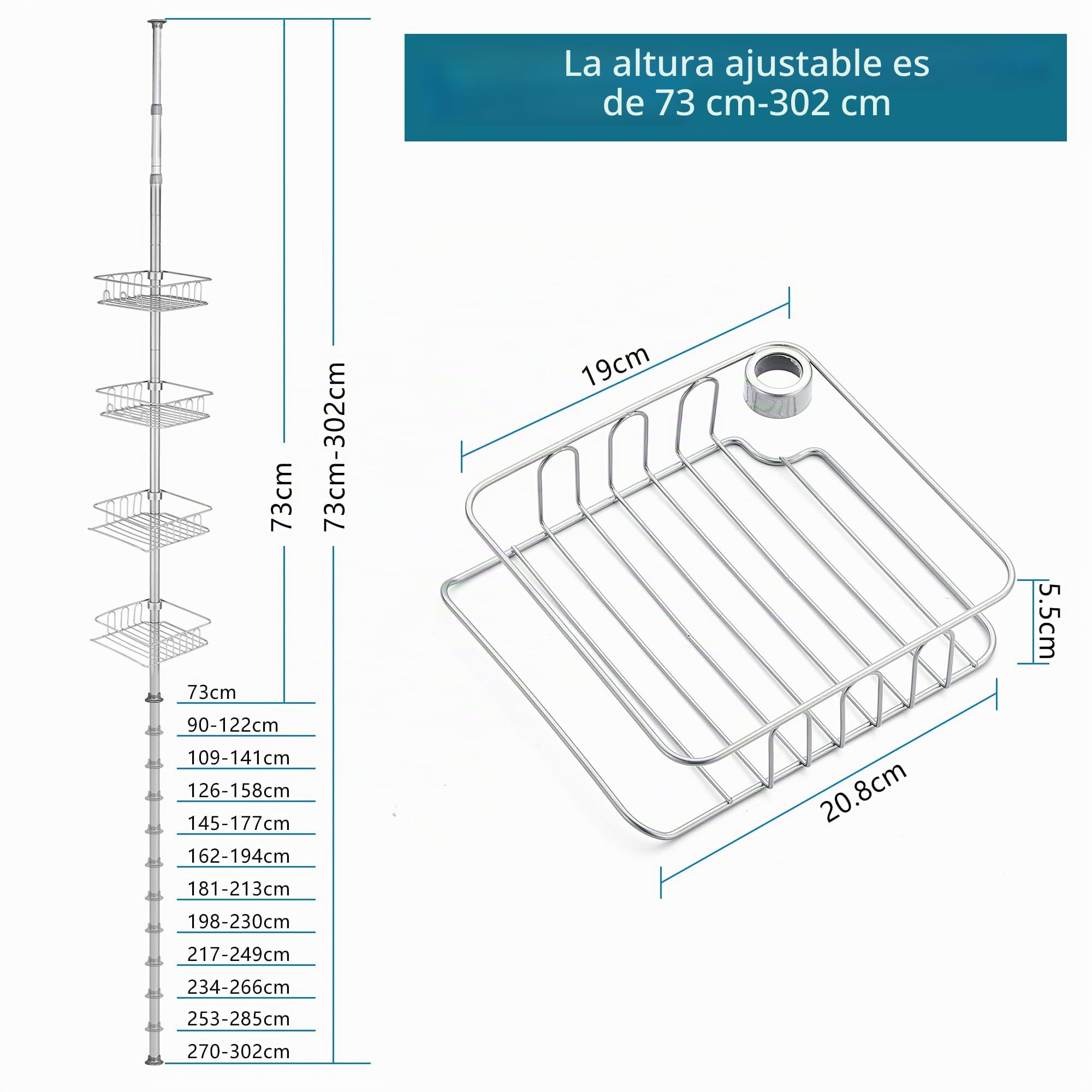 Telescopica Estanteria Ducha sin Taladro, Estantería Baño Acero Inoxidable con 4 Cestas, Esquina Estante Ducha para Bañera y Baño Altura Ajustable 73-302cm, Plateado