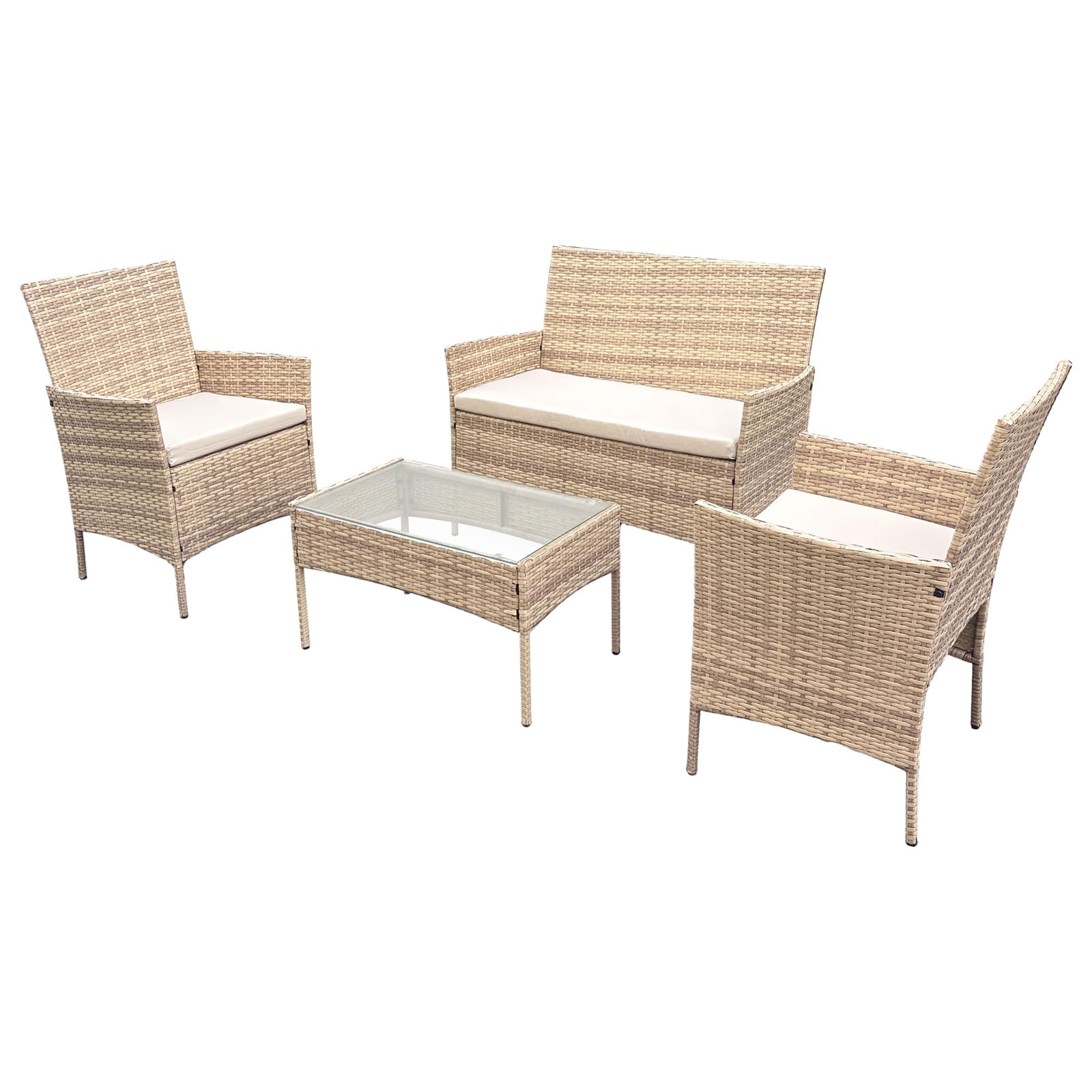 SVITA Brooklyn Gartenlounge 4-teilig Polyrattan Lounge Set wetterfest Garten Terrasse Balkon inkl. Kissen Glas Tisch Beige