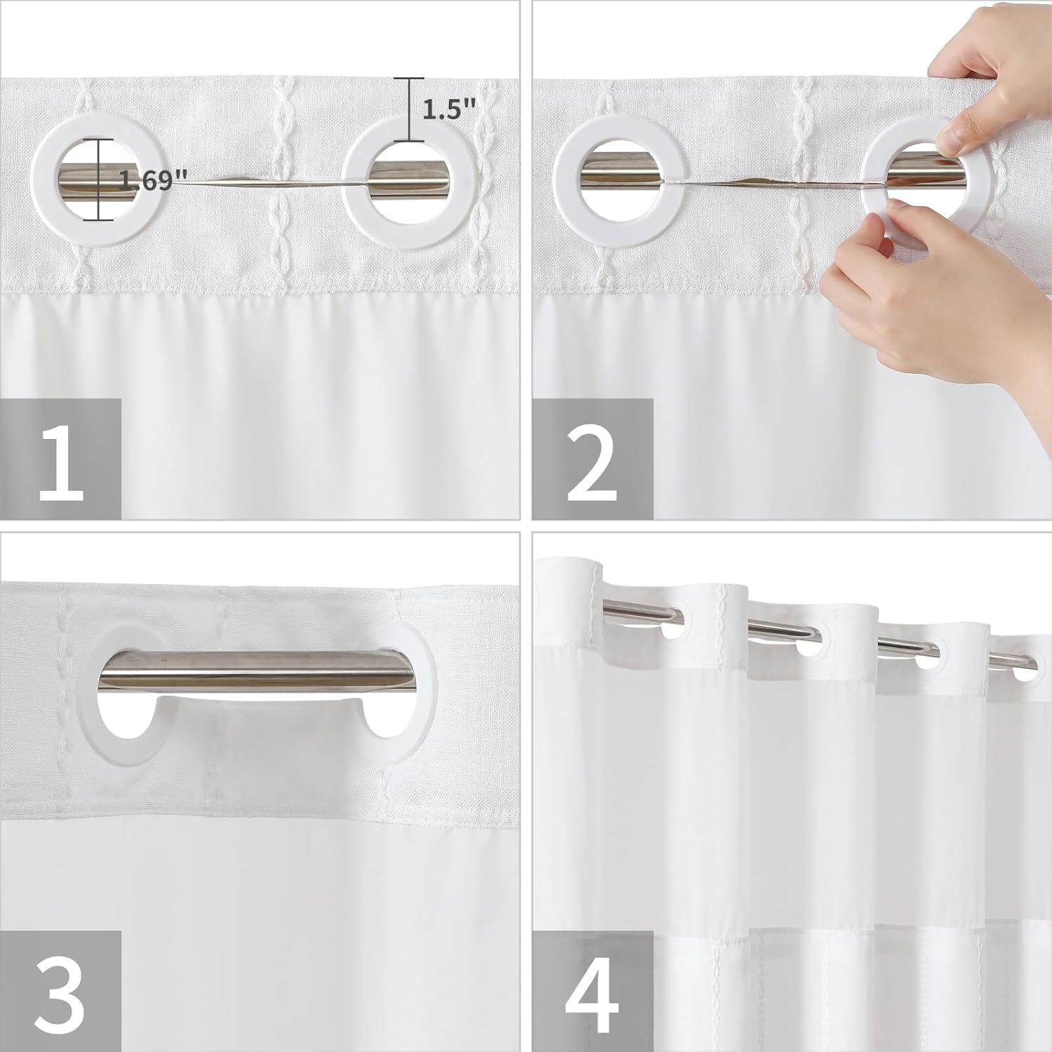 No Hook Extra Long Shower Curtain Set with Snap-in Liner,Linen Textured Thick Striped Fabric with Tassels,Boho Chic Modern Farmhouse Bathroom Curtain,Water-Repellent,White,71x86