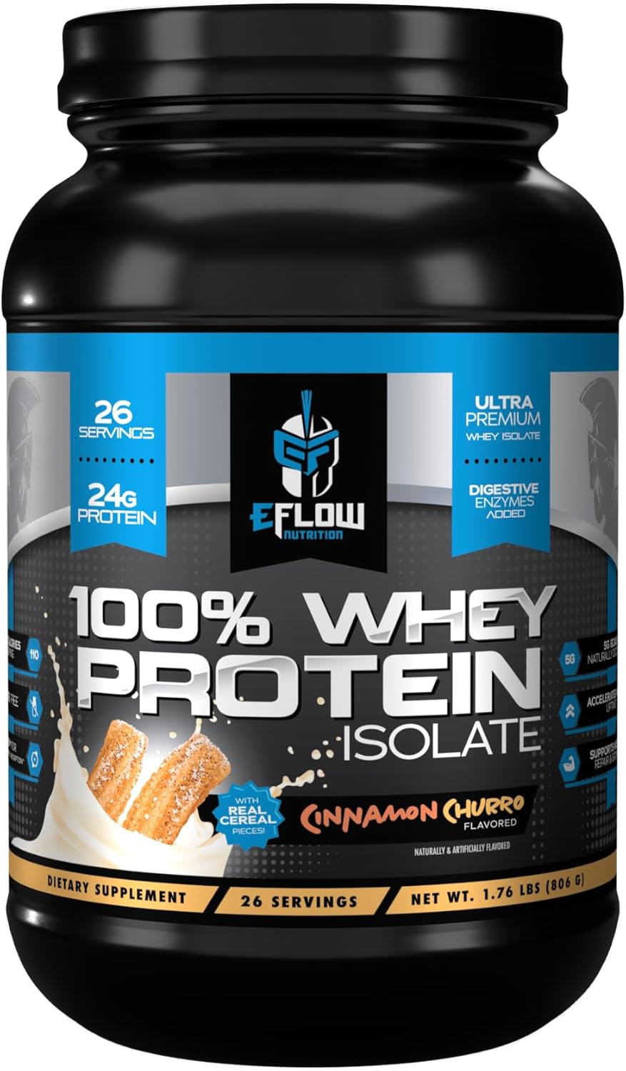eFlow Nutrition 100% Whey Protein Isolate - Lactose-Free Digestive Enzymes Added, Low Carb, Post Workout Shake, Fast Digesting for Optimal Muscle Recovery - Cinnamon Churro (26 Servings)