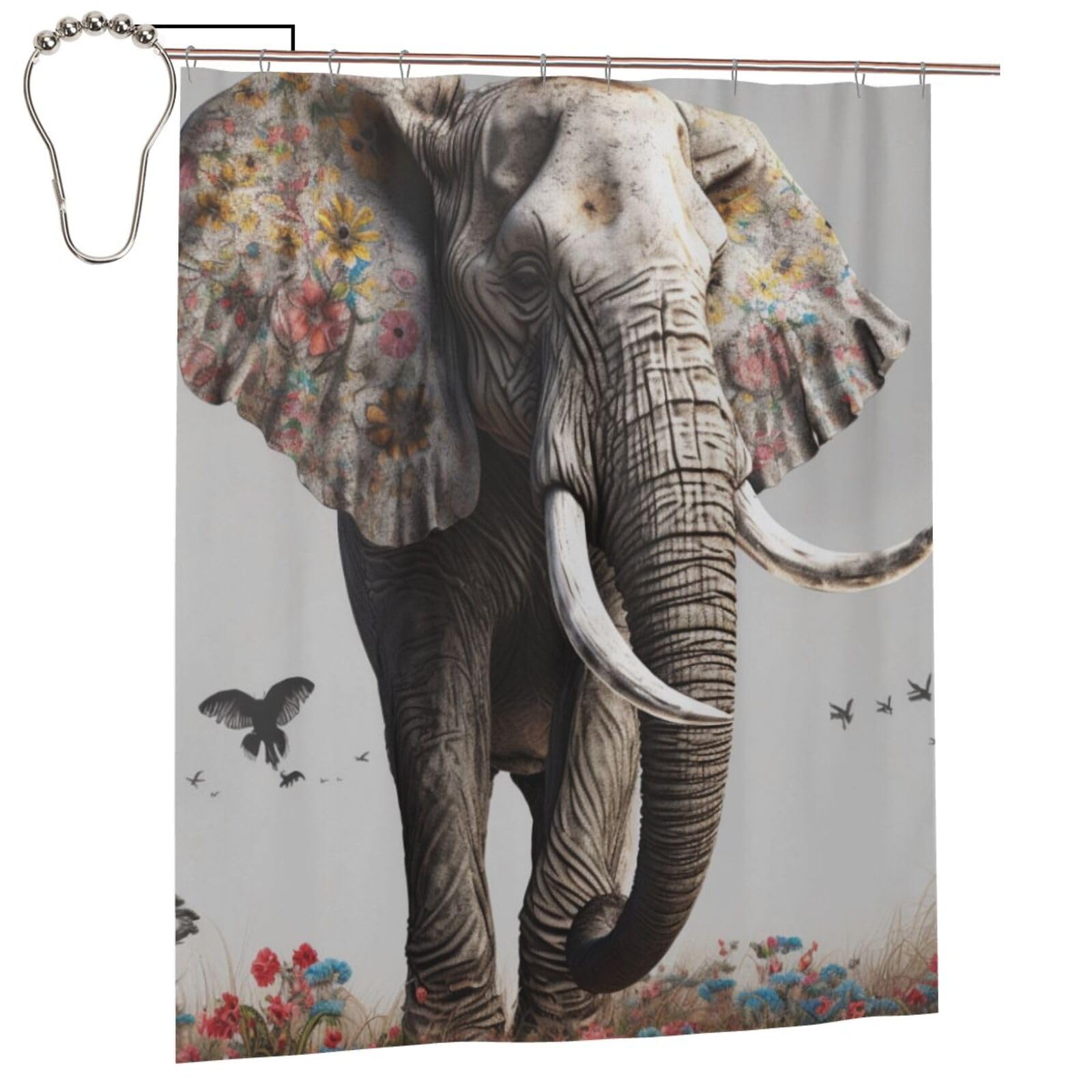 BWWHCCTI Colorful Elephant Printed Shower Curtain With 12 Iron Hooks Opaque Quick Drying Waterproof Shower Curtains Sets For Bathroom 152x183 Cm