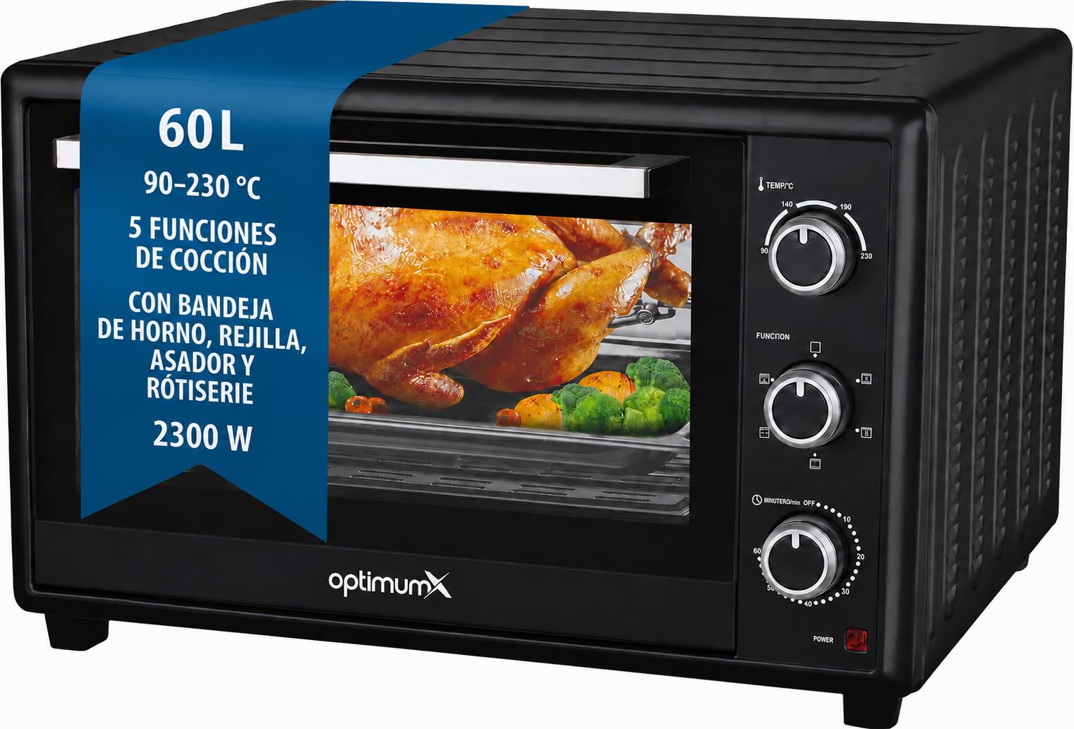 OptimumX Horno Eléctrico de Sobremesa 60L XXL con Convección, Asador Giratorio & Luz Interior, 2200W, 40–230 °C