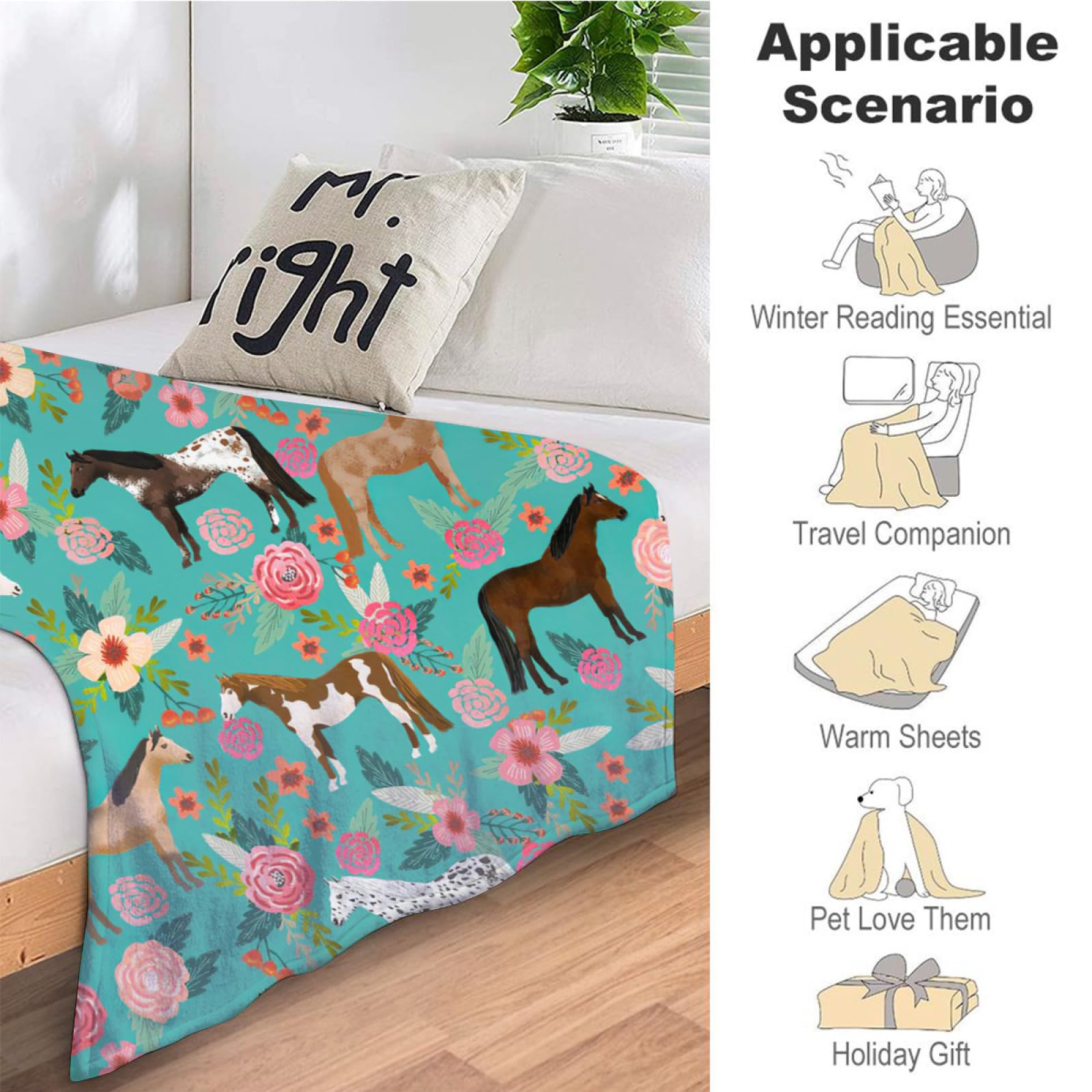Manta de caballo para niñas y mujeres, lindos caballos y flores, manta de forro polar, suave, cálida, mullida, floral, para los amantes de los caballos, decoración, cama, sofá, sala de estar para